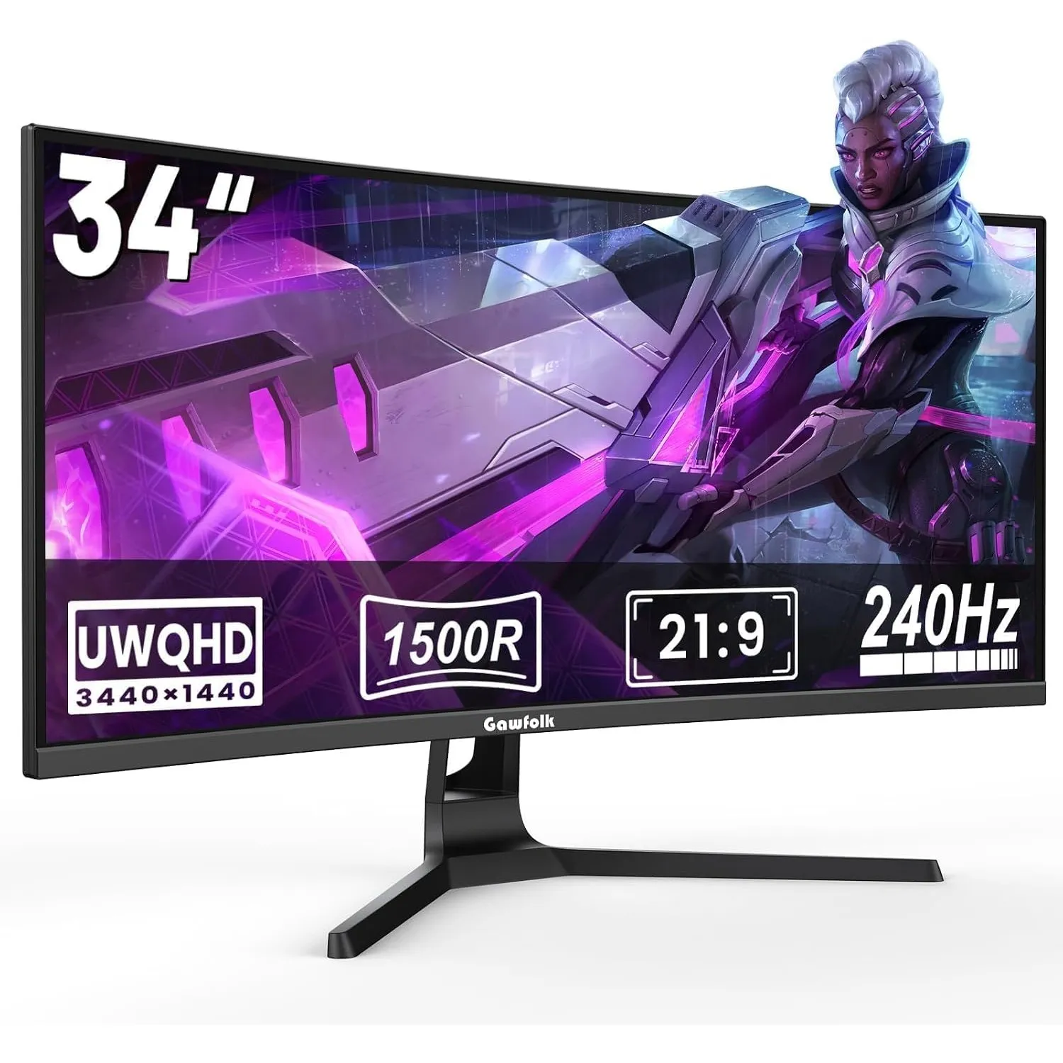 Gawfolk Gaming Curved Monitor 34 Zoll 240Hz, 1500R Ultrawide PC Bildschirm UWQHD 3440x1440P, Adaptive Sync, Gebogenes C…
