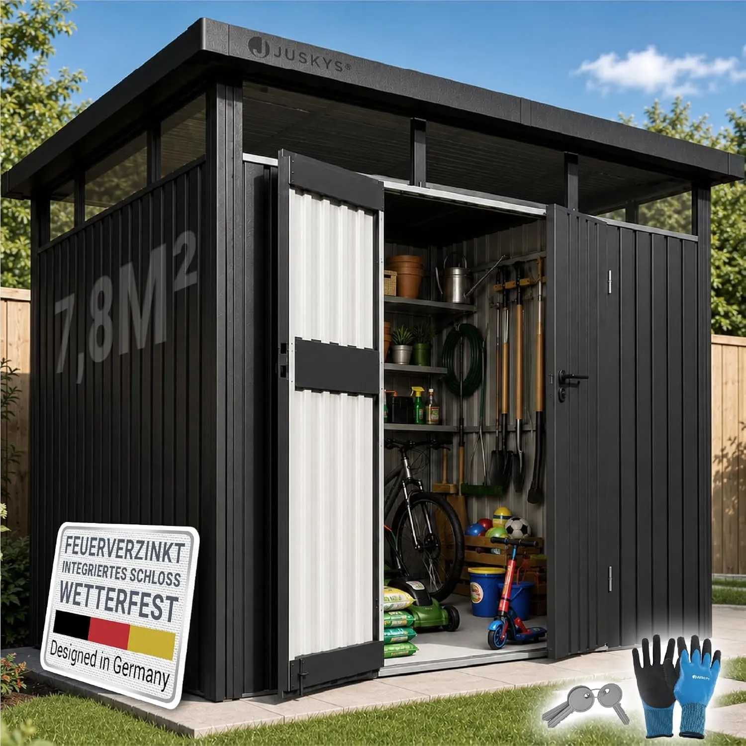 Juskys® Gerätehaus Luzern L - 7,8 m² - Metall Geräteschuppen mit Türen & Fenstern - wetterfest & abschließbar - Fahrrad…