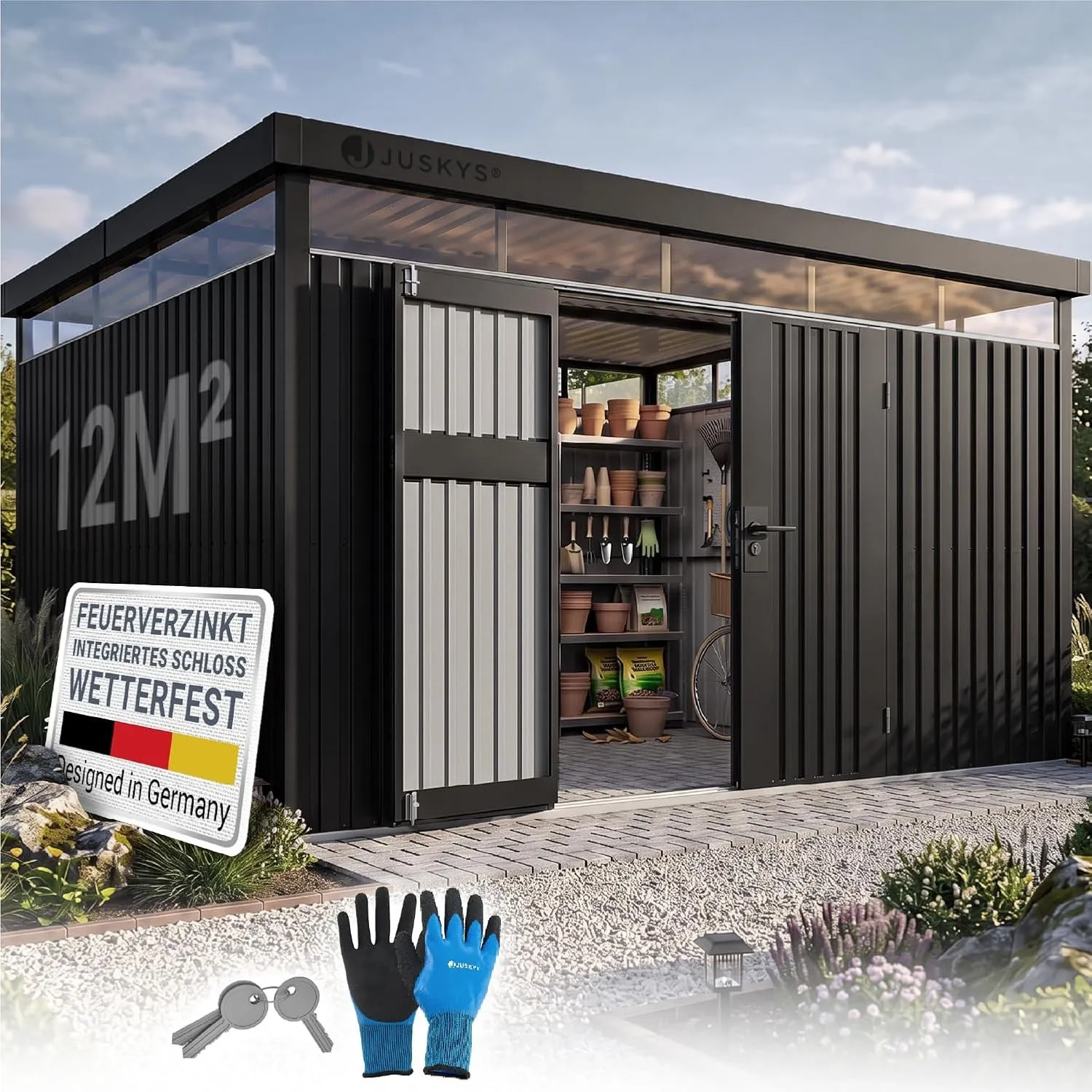 Juskys® Gerätehaus Luzern XL - 12 m² - Metall Geräteschuppen mit Türen & Fenstern - wetterfest & abschließbar - Fahrrad…