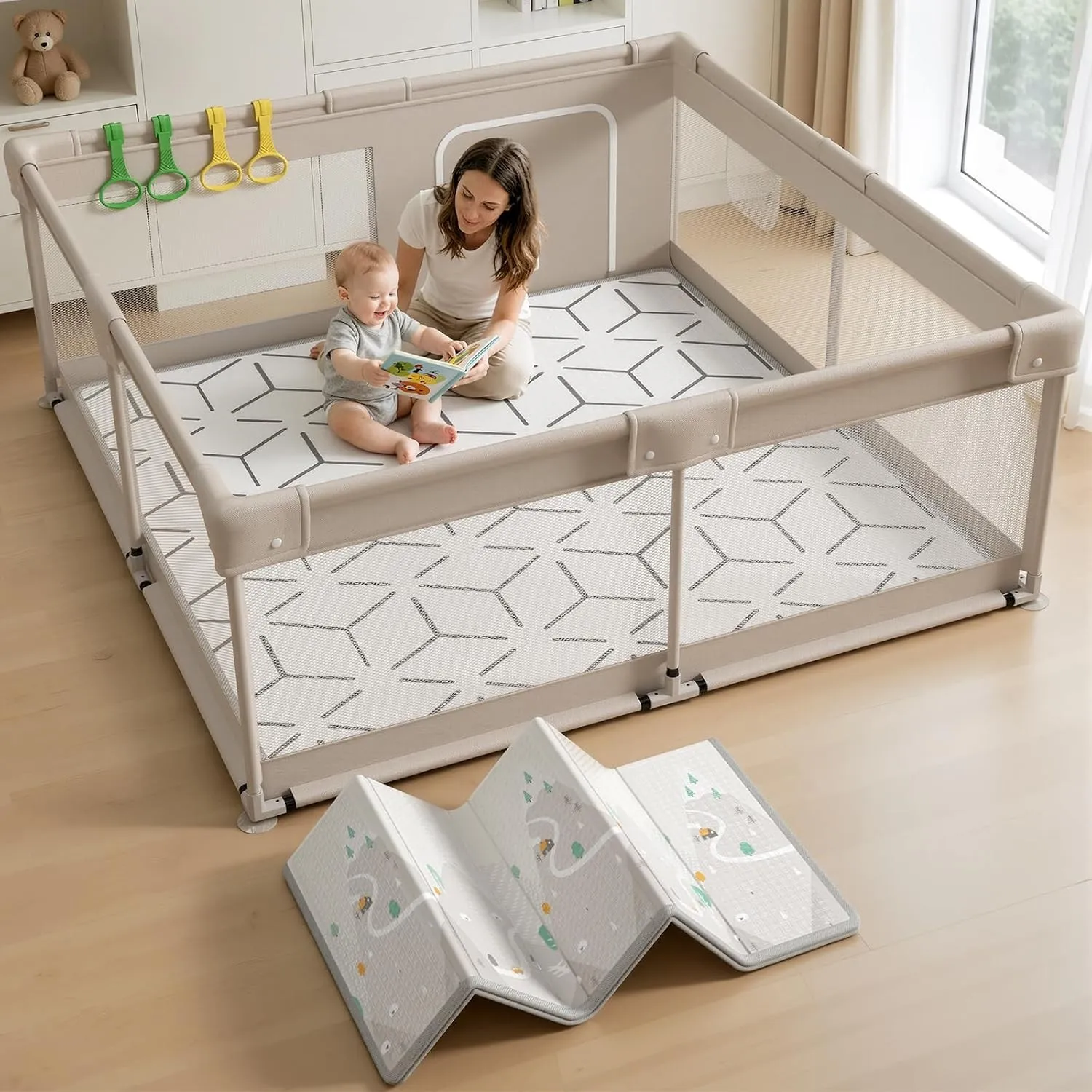 Laufstall Baby 150x150cm mit Matratze, grau