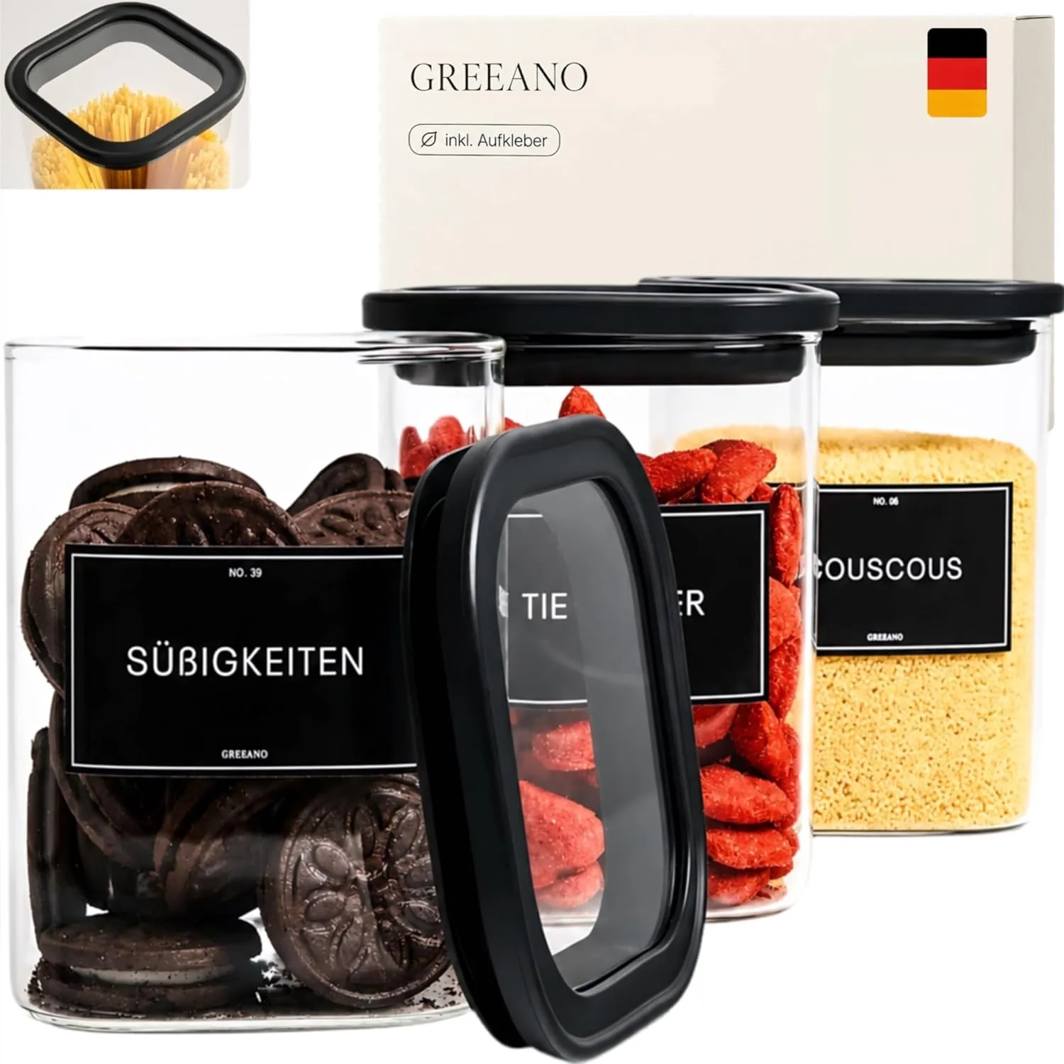 Vorratsgläser eckig mit Glasdeckel 1000ml [3er Set]