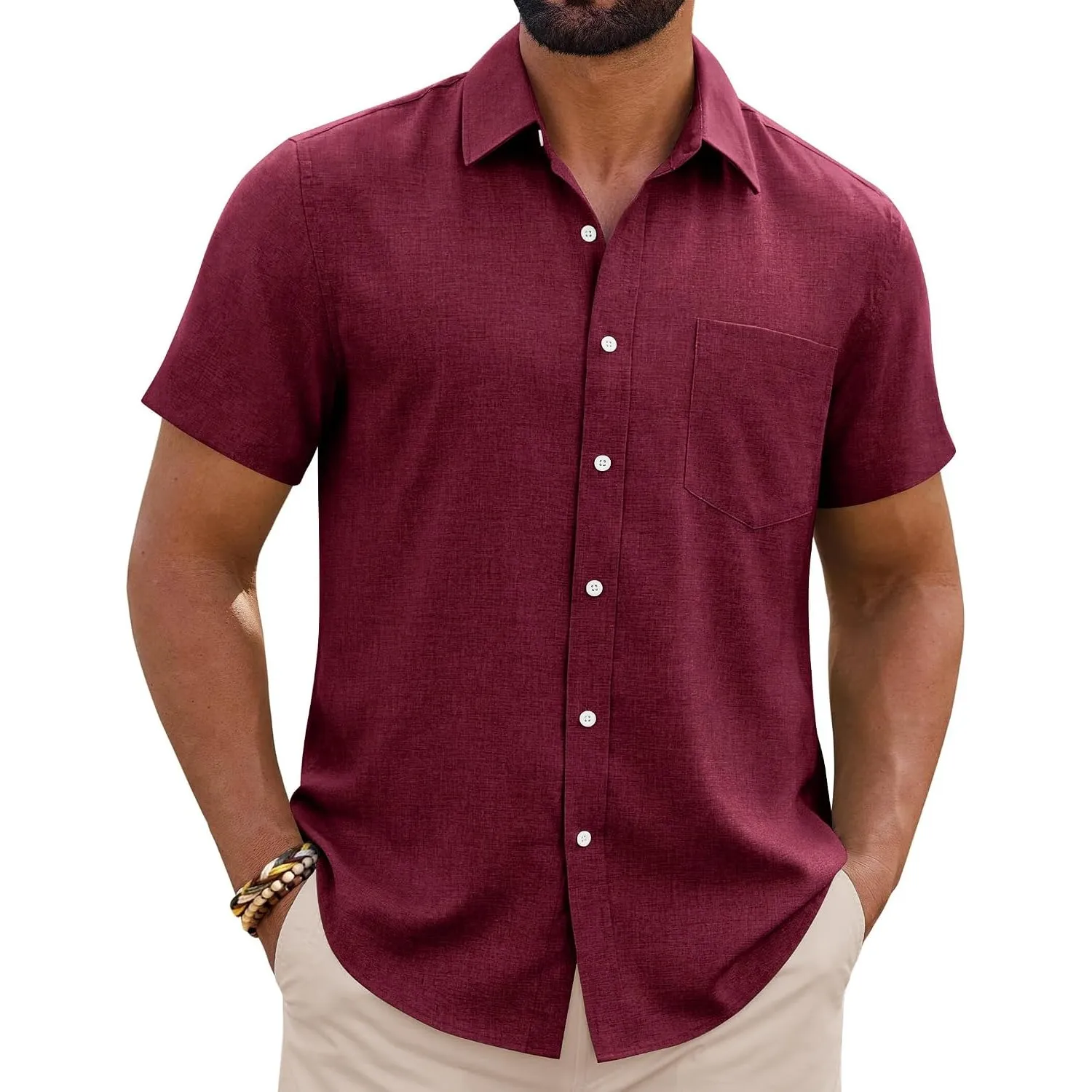 siliteelon Leinenhemd Herren Kurzarm Regular Fit Sommerhemd Freizeithemden Leicht Luftig Outdoor Strand Leinen Shirt