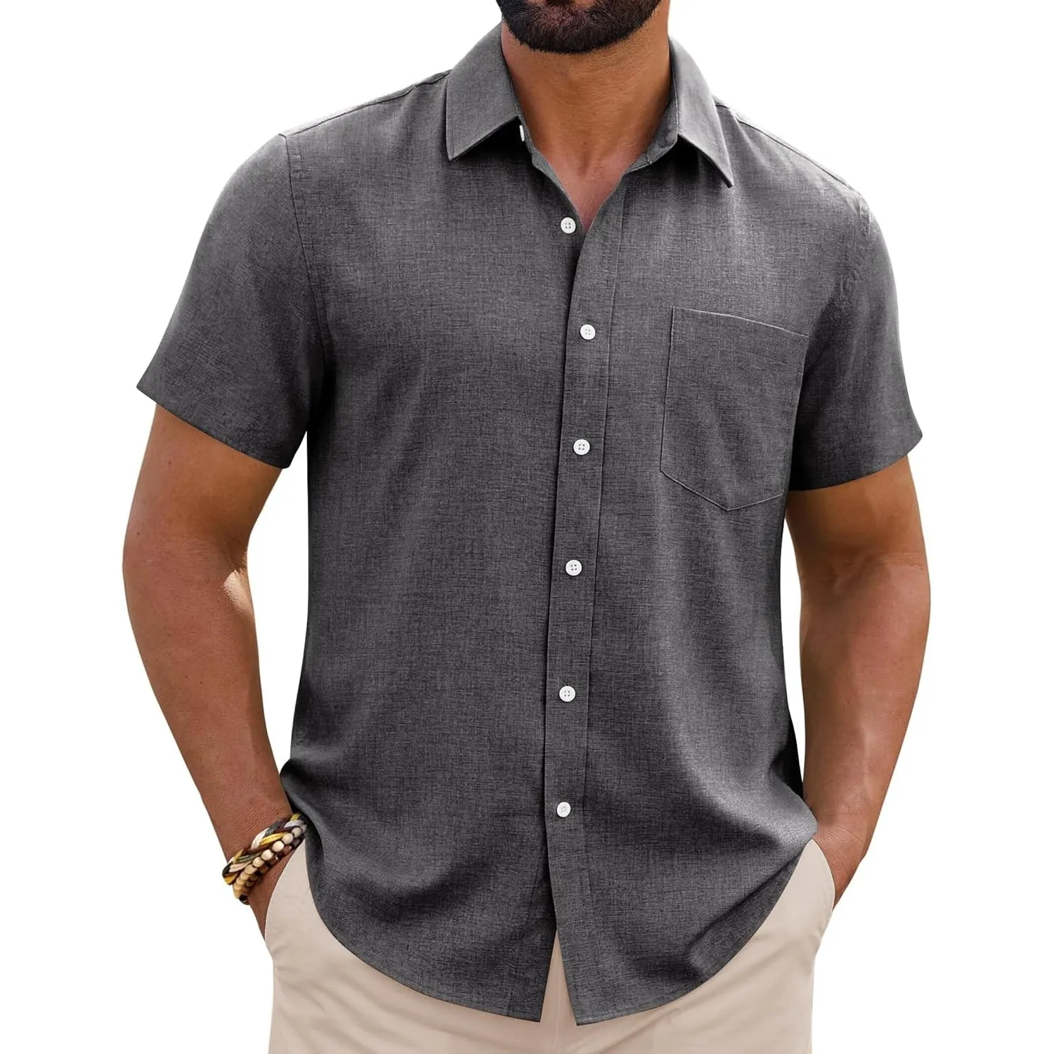 siliteelon Leinenhemd Herren Kurzarm Regular Fit Sommerhemd Freizeithemden Leicht Luftig Outdoor Strand Leinen Shirt