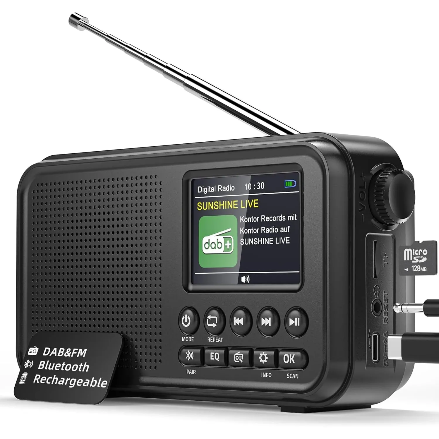 Tragbares DAB+ Radio mit Bluetooth, UKW/DAB Digitalradio mit 2,4" Farbdisplay, 80 Senderspeicher, 3000mah Akku oder Net…