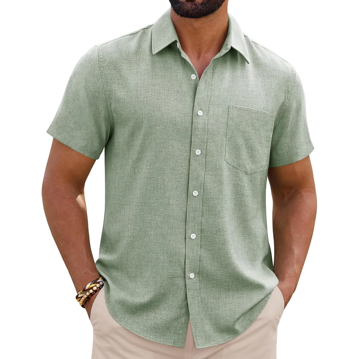siliteelon Leinenhemd Herren Kurzarm Regular Fit Sommerhemd Freizeithemden Leicht Luftig Outdoor Strand Leinen Shirt