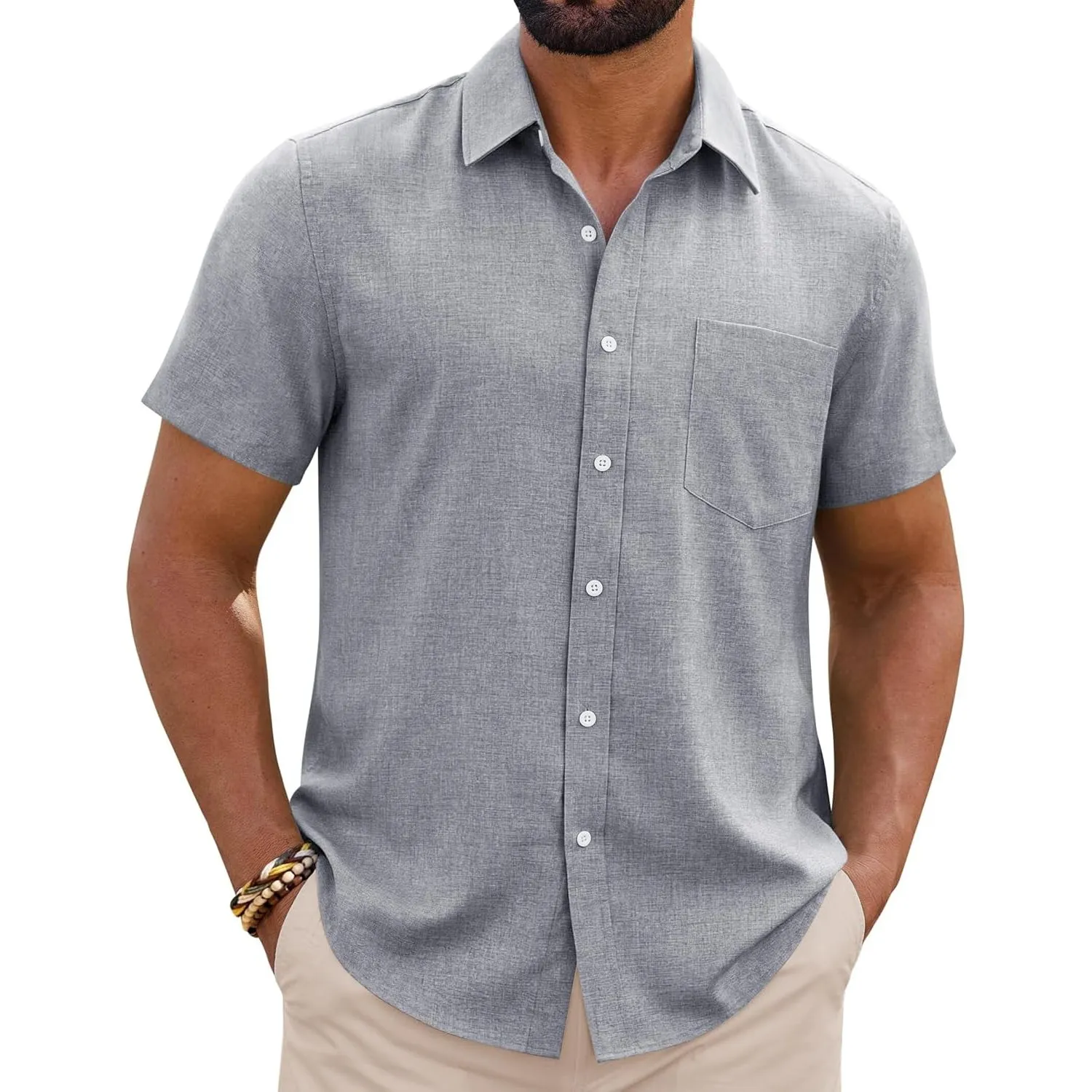siliteelon Leinenhemd Herren Kurzarm Regular Fit Sommerhemd Freizeithemden Leicht Luftig Outdoor Strand Leinen Shirt