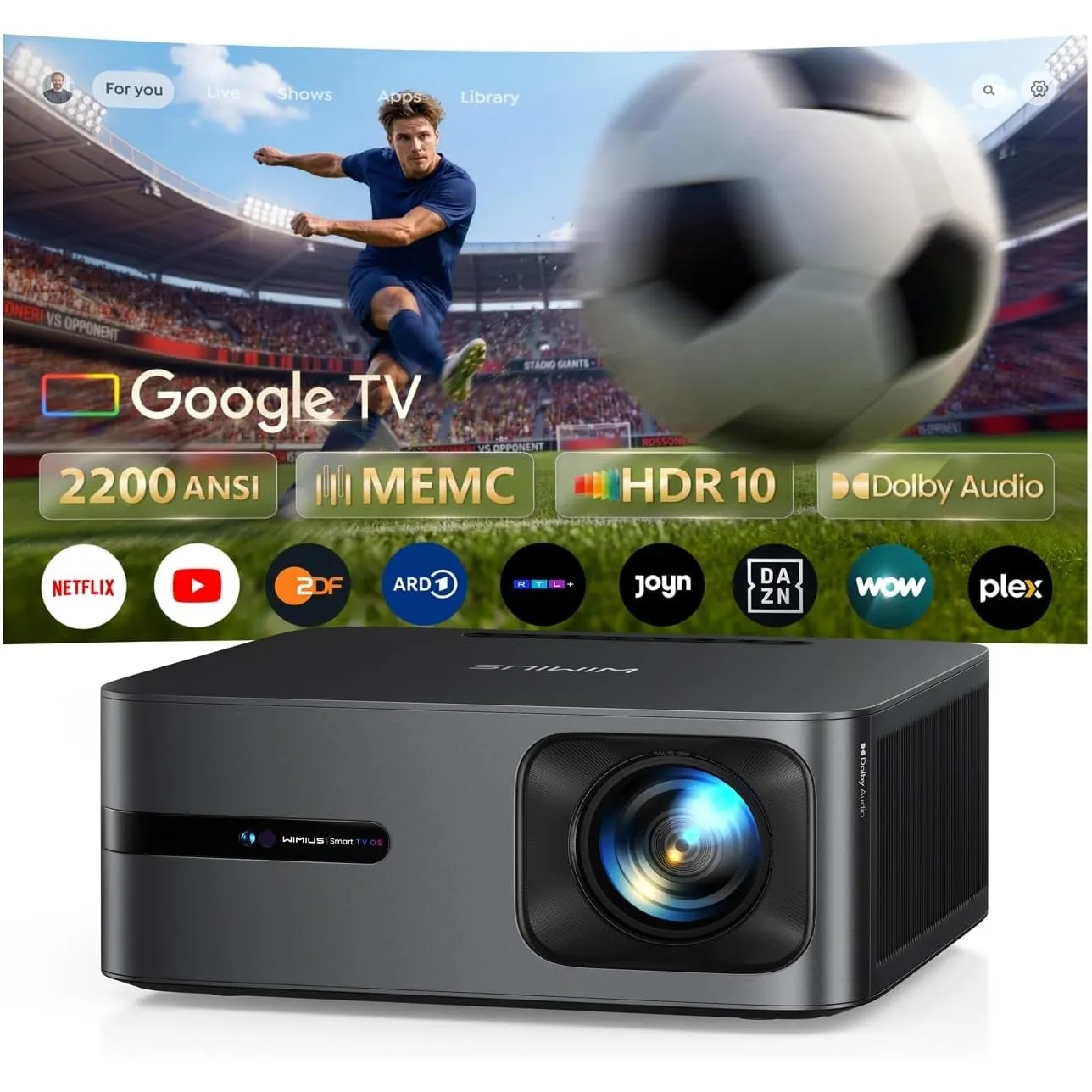 Beamer mit Google TV 14.0, 2+32GB, 2200 ANSI, MEMC, HDR10, 40W Dolby Audio