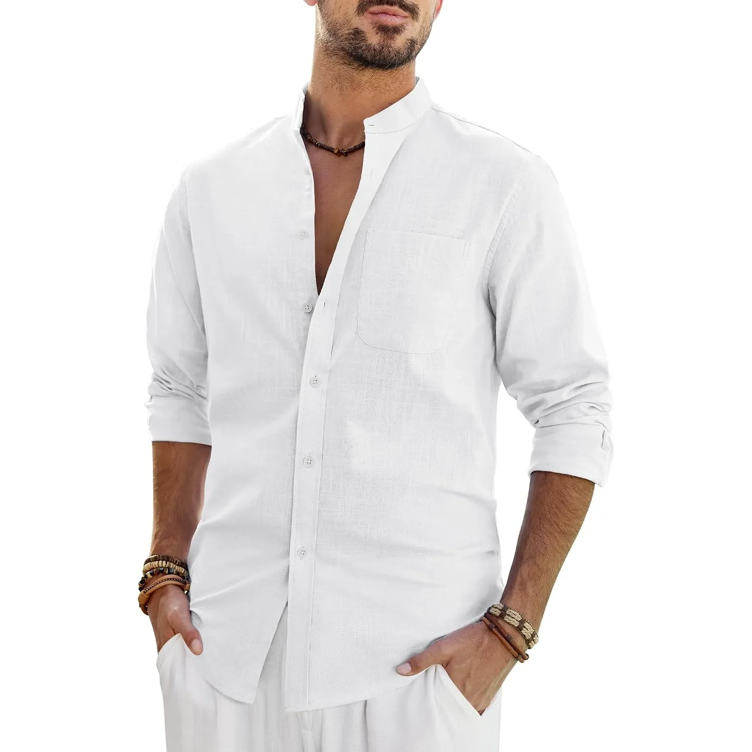 J.VER Herren Hemd Leinen Strukturiert Langarm Baumwolle Stehkragen Shirt