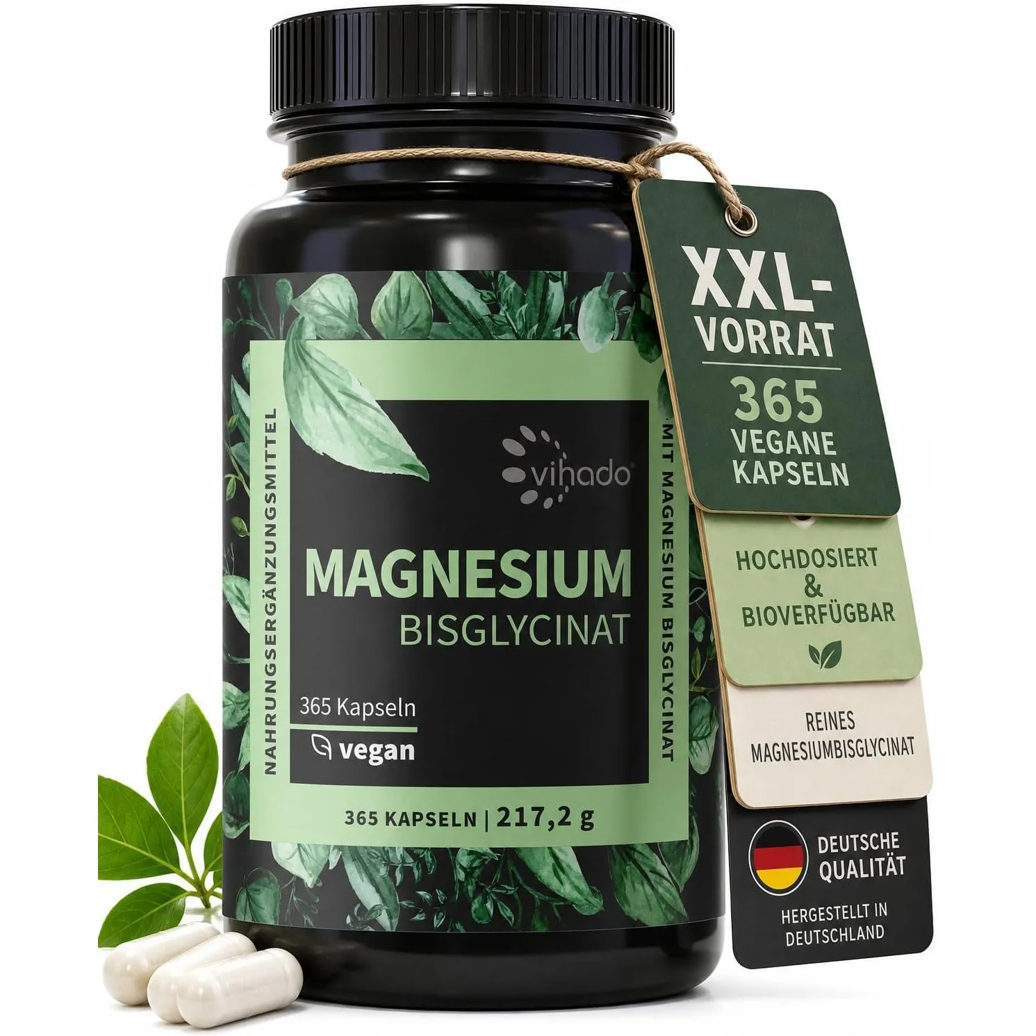 Vihado Magnesium Bisglycinat 365 XXL-Vorrat - Muskel- und Nervenfunktion, 200 mg elementares Magnesium pro Tagesdosis, …