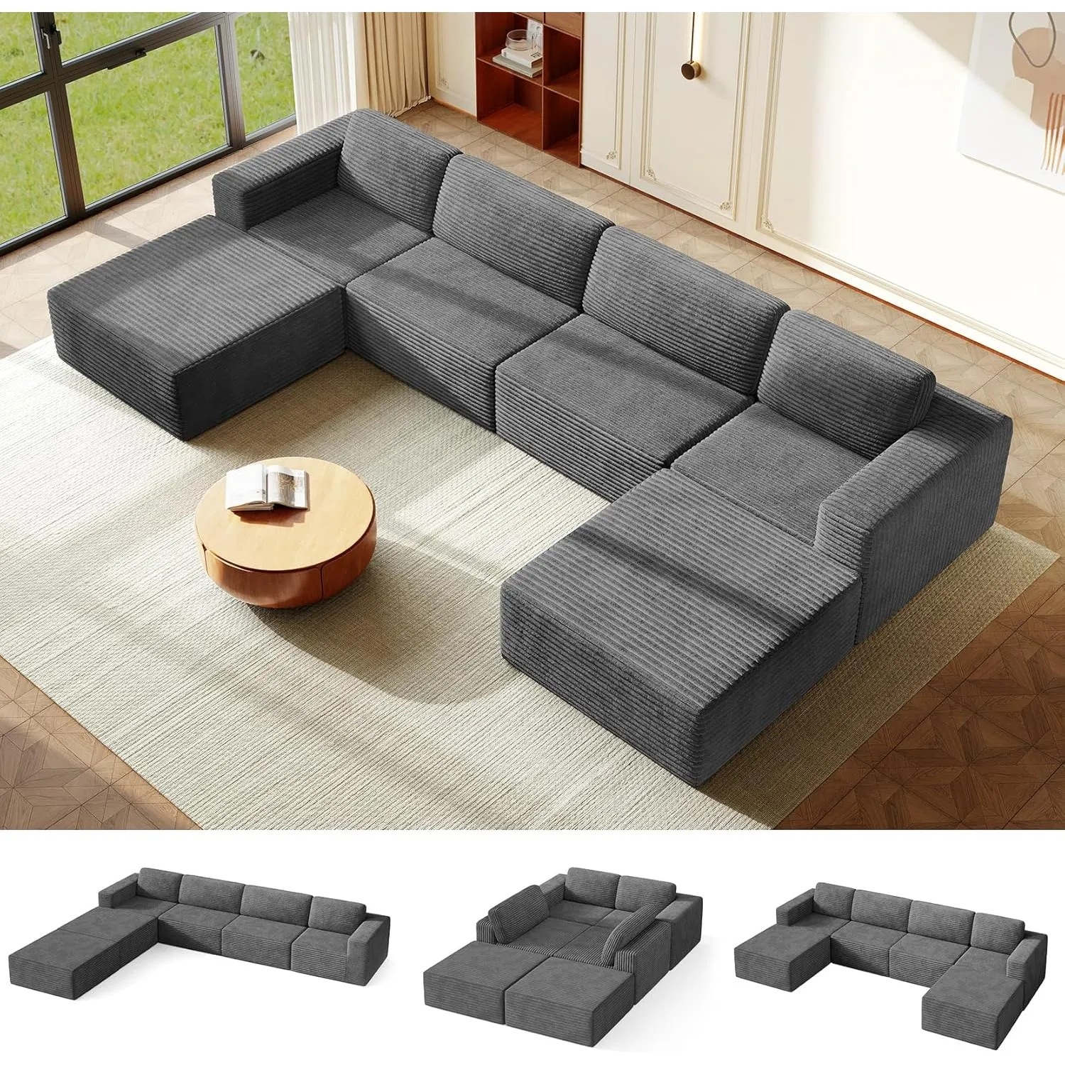 Vesgantti 404 cm Groß Modulares U-förmiges Ecksofa mit Schlaffunktion, 4‑Sitzer Cordsofa mit Federkern, Extra Tiefe Sit…