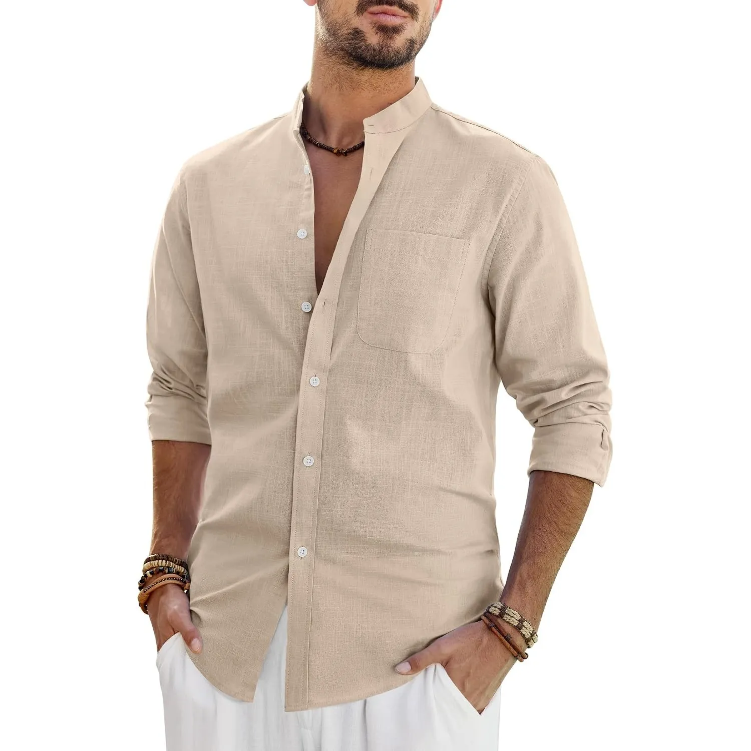 J.VER Leinenhemd Herren Hemd Langarm Stehkragen Leinenshirt Baumwolle Atmungsaktiv Regular Fit Freizeithemden Casual So…