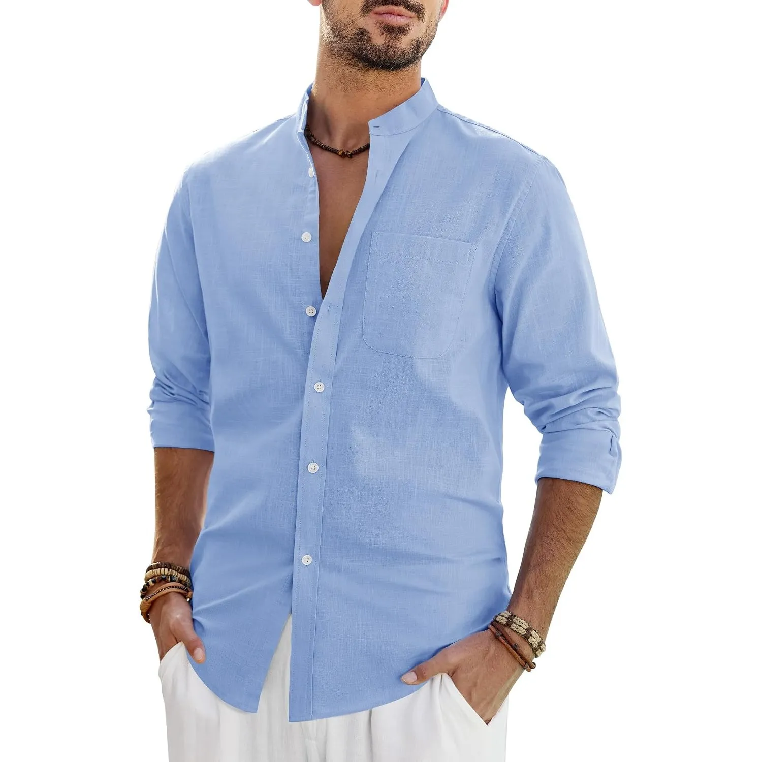 J.VER Herren Hemd Leinen Strukturiert Langarm Baumwolle Stehkragen Shirt