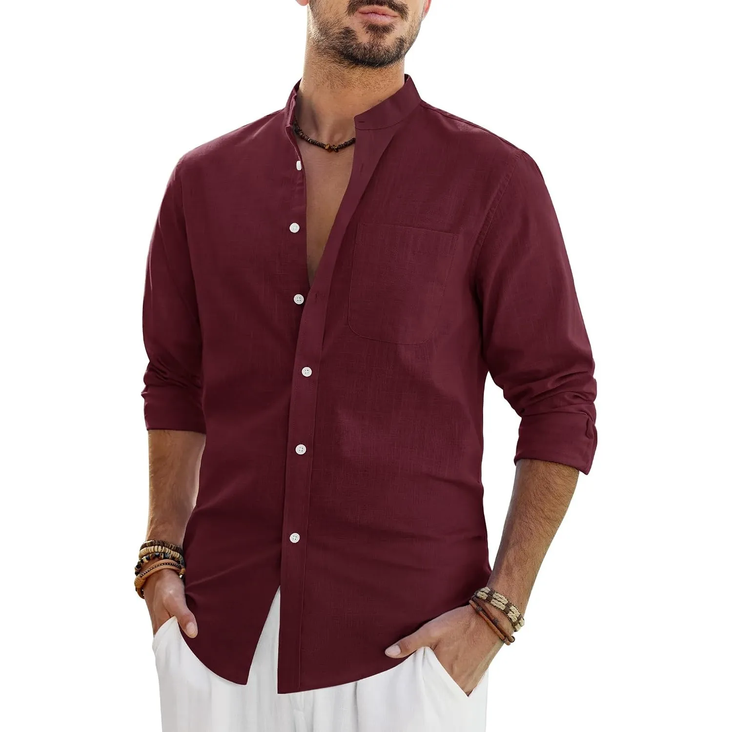 J.VER Leinenhemd Herren Hemd Langarm Stehkragen Leinenshirt Baumwolle Atmungsaktiv Regular Fit Freizeithemden Casual So…