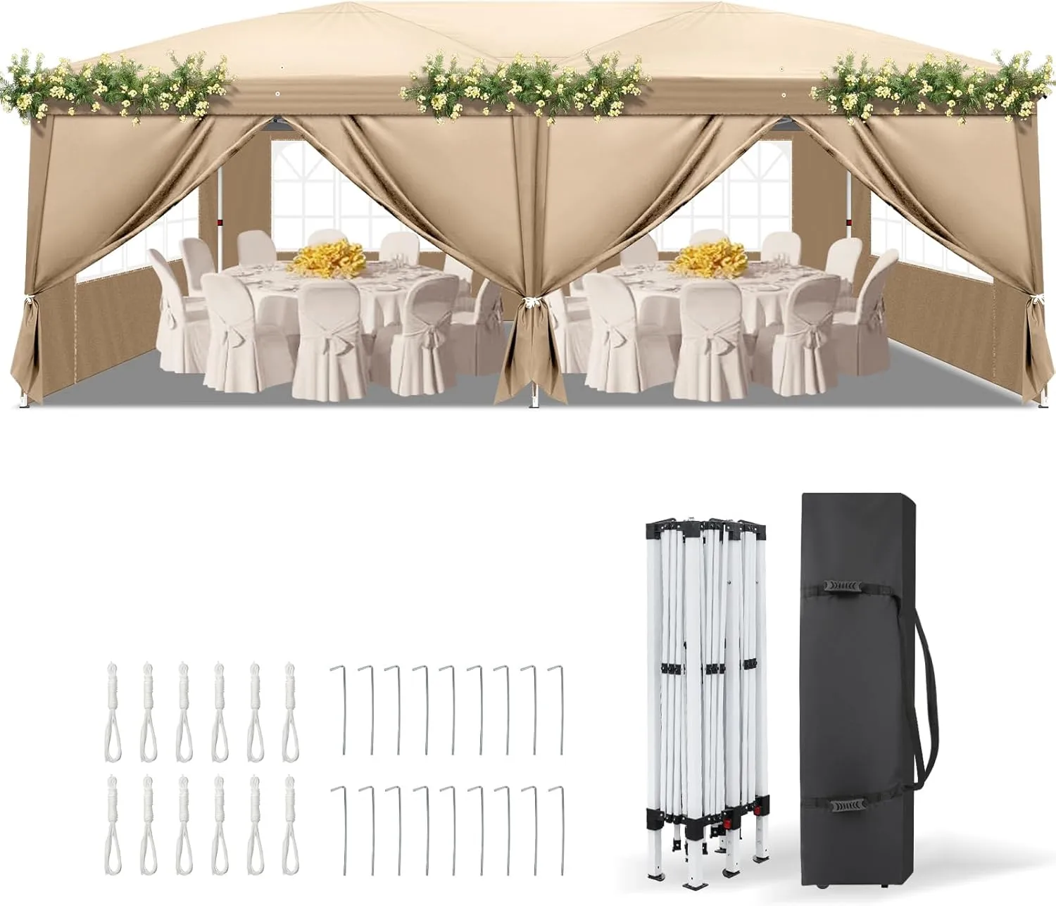 LEADZM Folding Gazebo 3 x 6 m, Gazebo with Steel Frame and 6 Side Panels, Pop-up Quick Assembly, Waterproof, Winterproo…