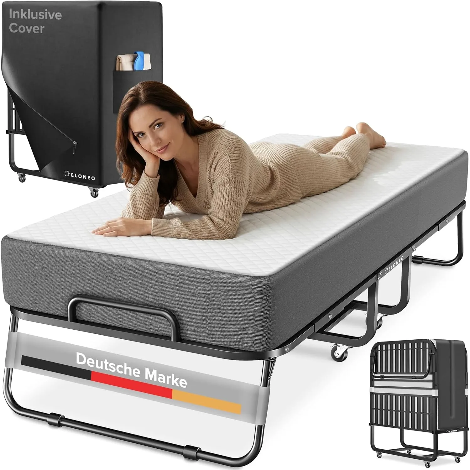 ELONEO Klappbett 90x200 cm inkl. Premium Matratze | Gästebett klappbar, belastbar bis 250kg | faltbares Reisebett mit M…
