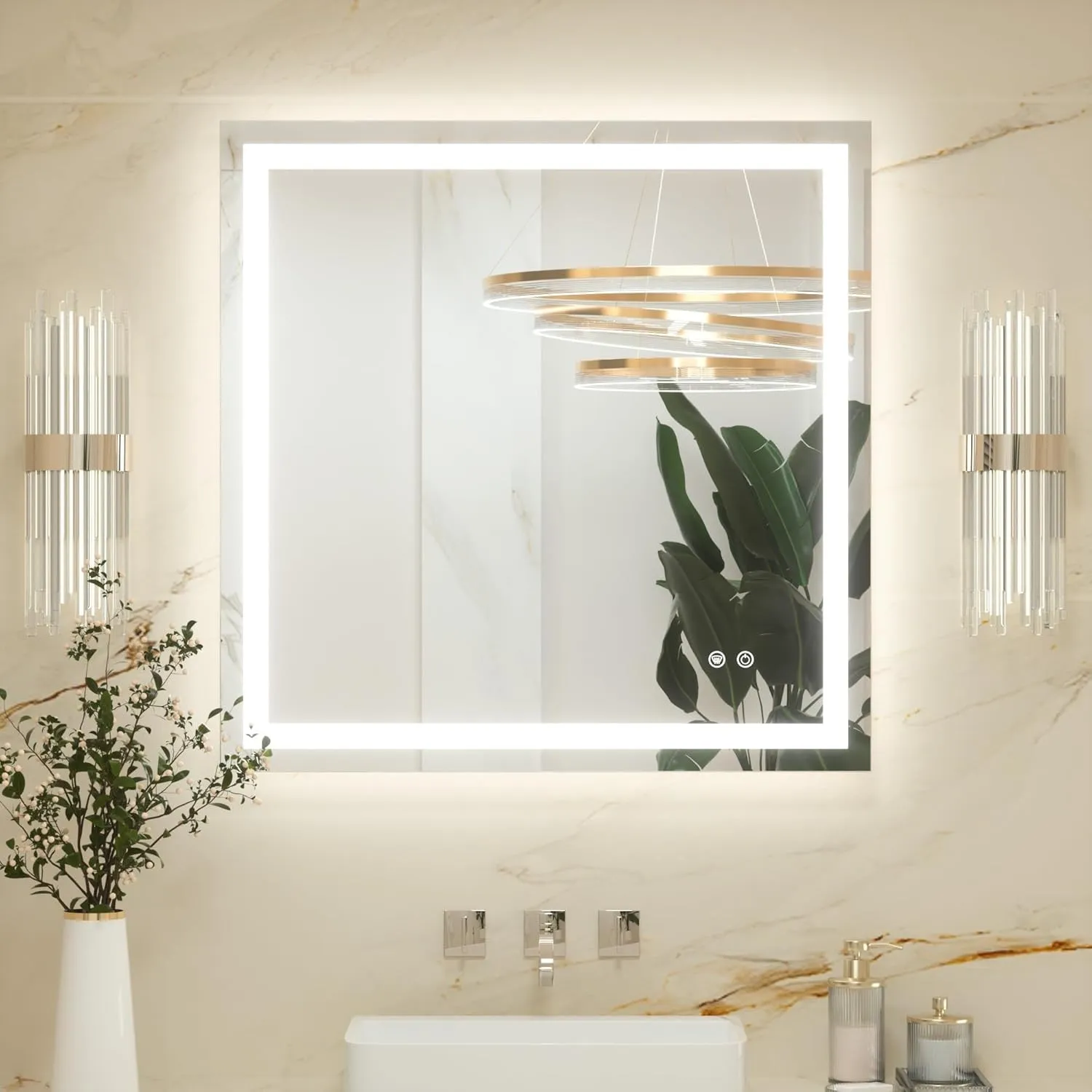 Keonjinn Badspiegel mit Beleuchtung 80x80cm, Badezimmerspiegel Beleuchtet Beschlagfrei Led Bad Spiegel mit Touch Schalt…