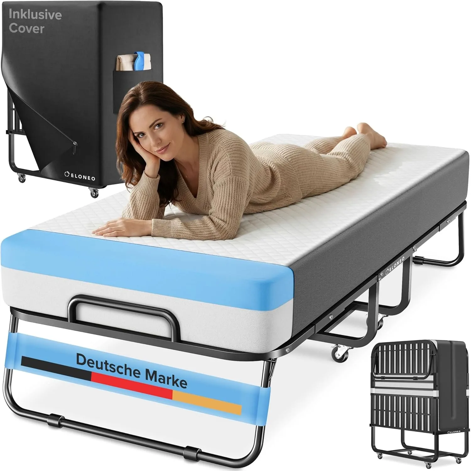 ELONEO Klappbett 80x200 cm inkl. Premium Matratze aus Memory-Schaum | Gästebett klappbar, belastbar bis 250kg | faltbar…