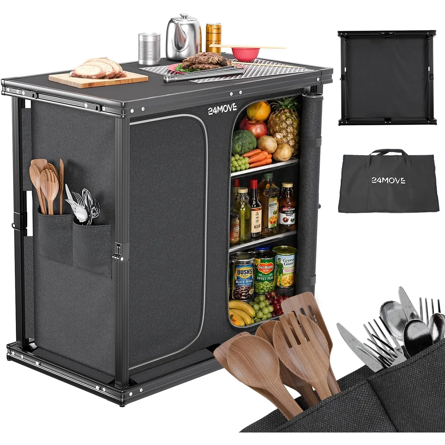 24MOVE® Campingküche, Faltbare Outdoor Küche Arbeitsplatte, MDF Einlegeböden, Besteckfächern, Tragegriff