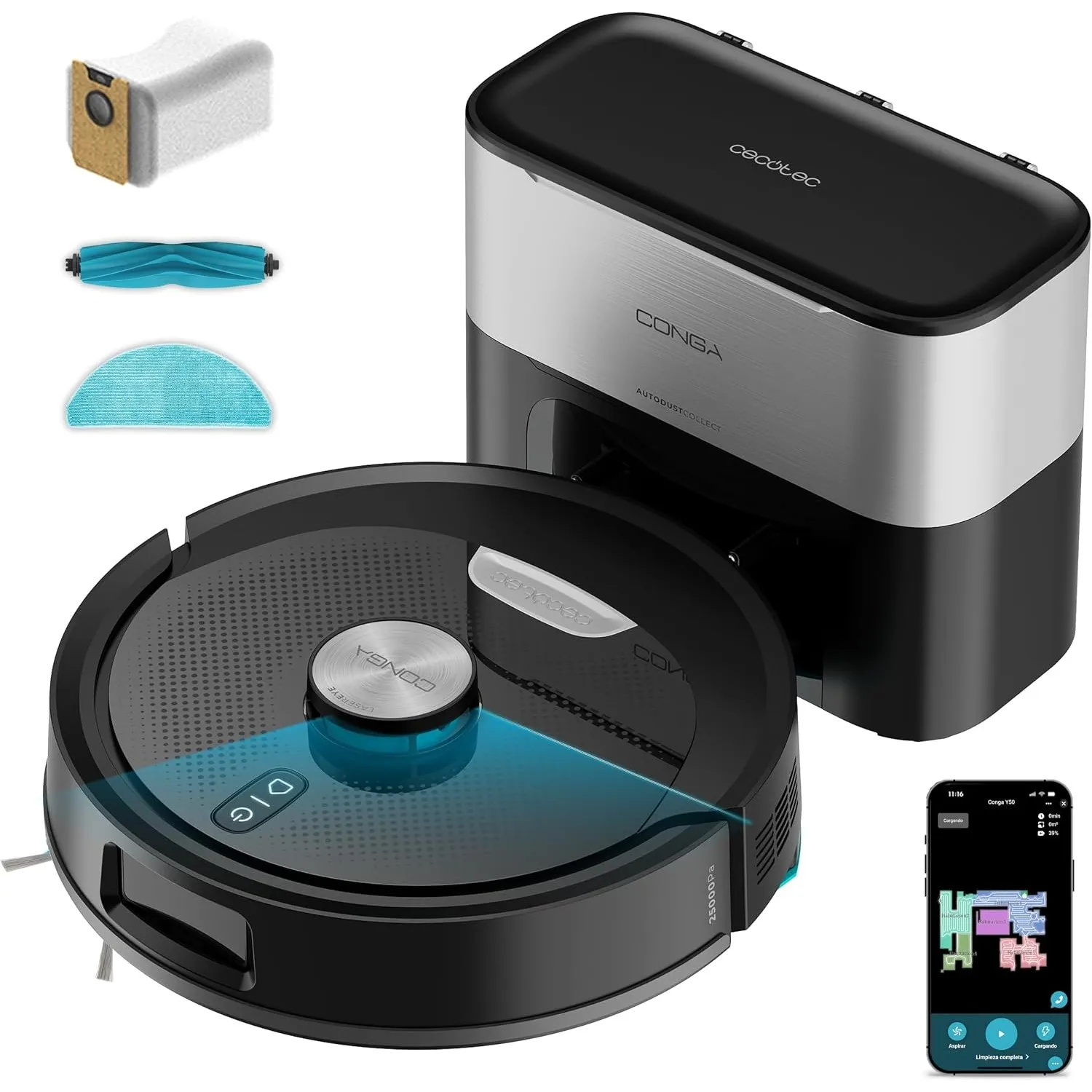 Cecotec Saugroboter mit Wischfunktion Conga Y80 Dark, 25.000 Pa | 4500-mAh-Akku, Lasernavigation, 3-Liter-Absaugstation…