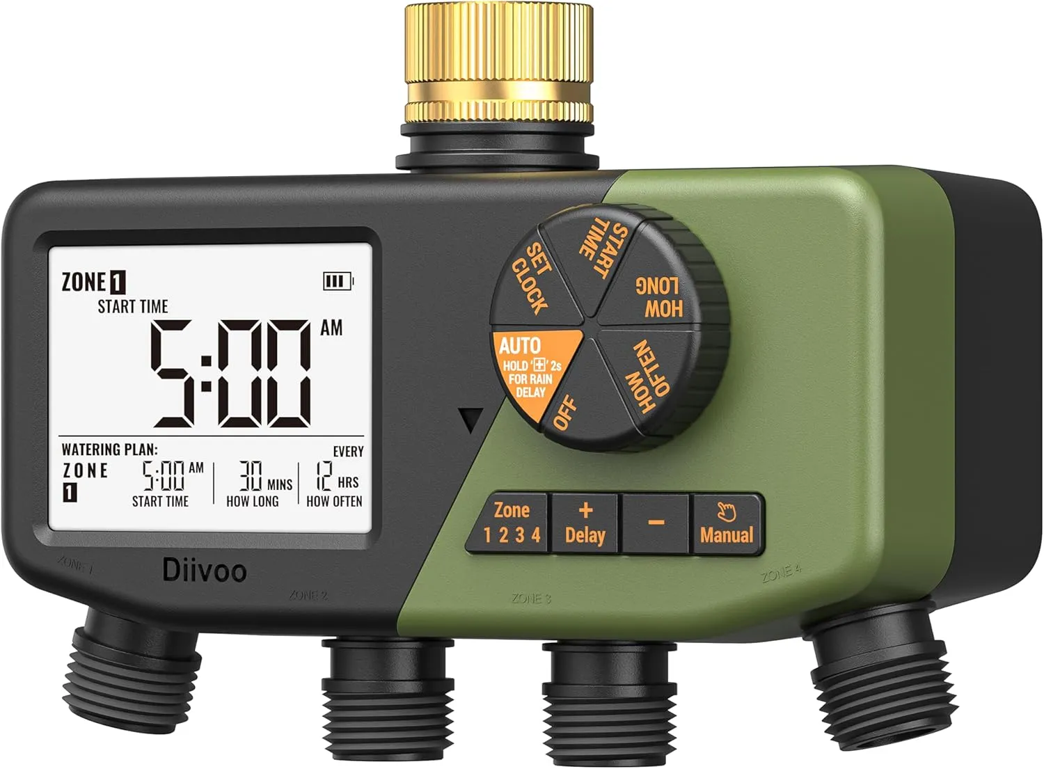 Diivoo IP68 Irrigation Computer with 4 Outputs, Brass Connectors, Large LCD Display & Rain Delay, Automatic and Manual …