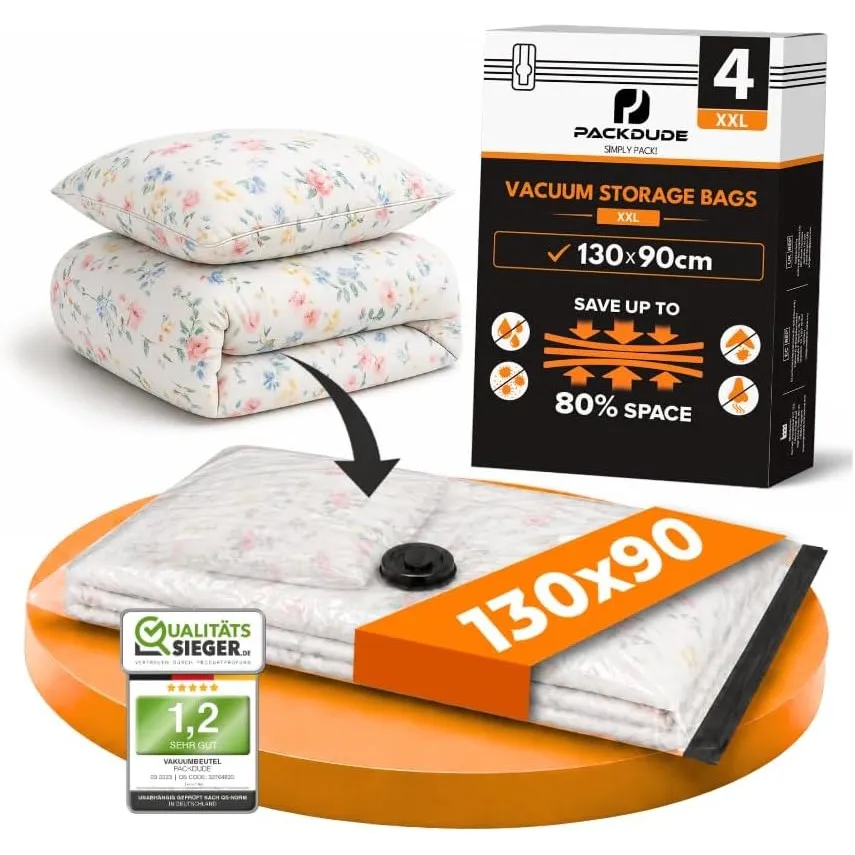 XXL Vakuumbeutel für Bettdecken & Kissen I 4 STÜCK I Größe XXL: 130x90cm I Vakuumbeutel groß für Bettwäsche I Big Vacuu…