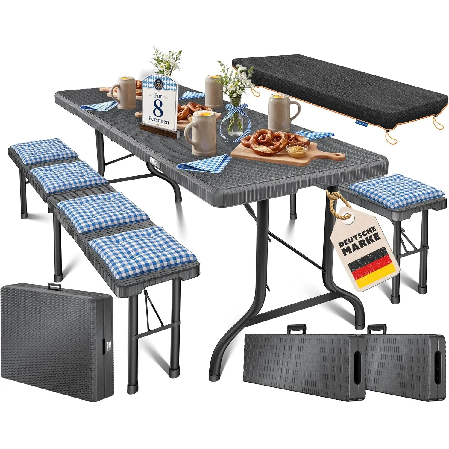 KESSER® Bierzeltgarnitur 3er Set, Klapptisch + 2X Sitzbank – Gartenmöbel Set für 8 Personen, 183x76x74cm, Bierbankgarni…