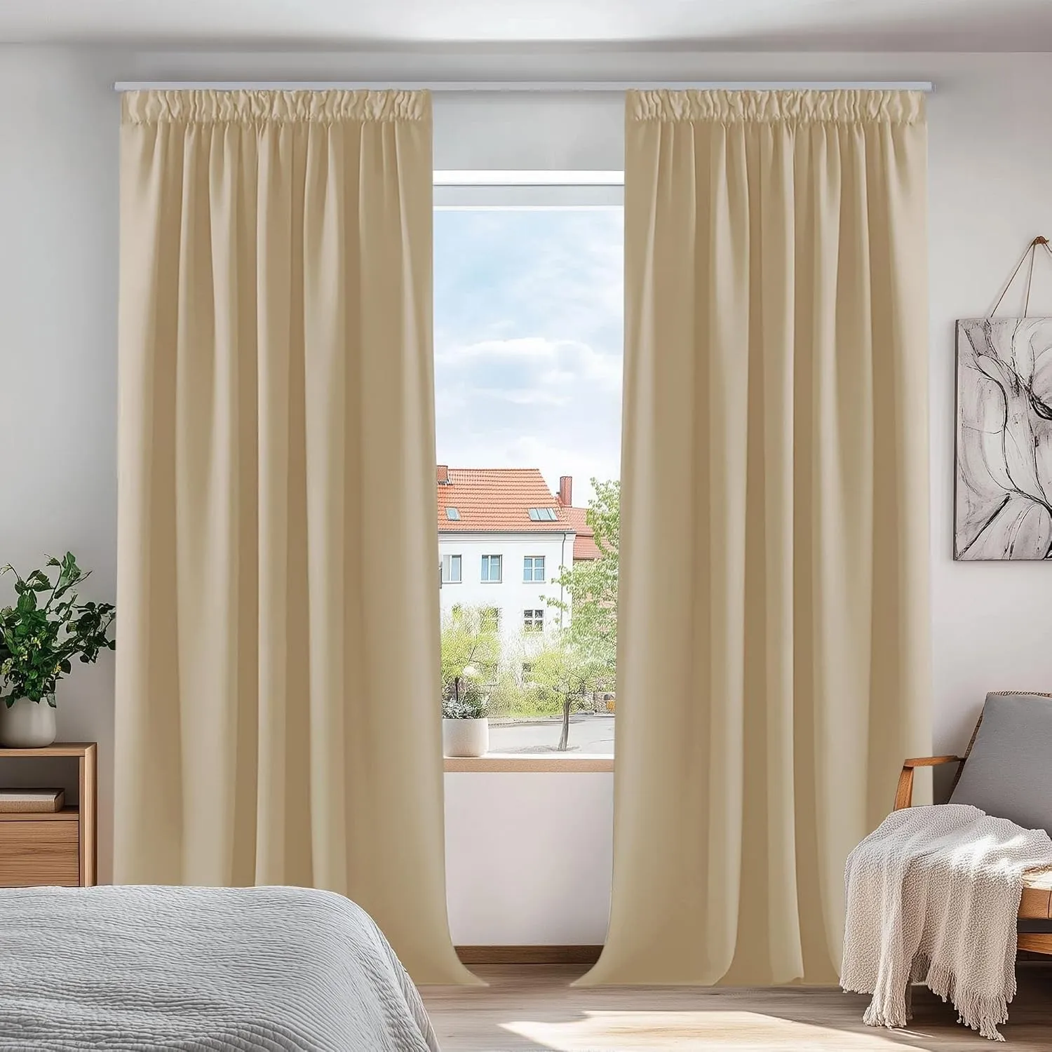 Deconovo Vorhang mit Kräuselband Blickdicht Thermovorhang Deko Champagner