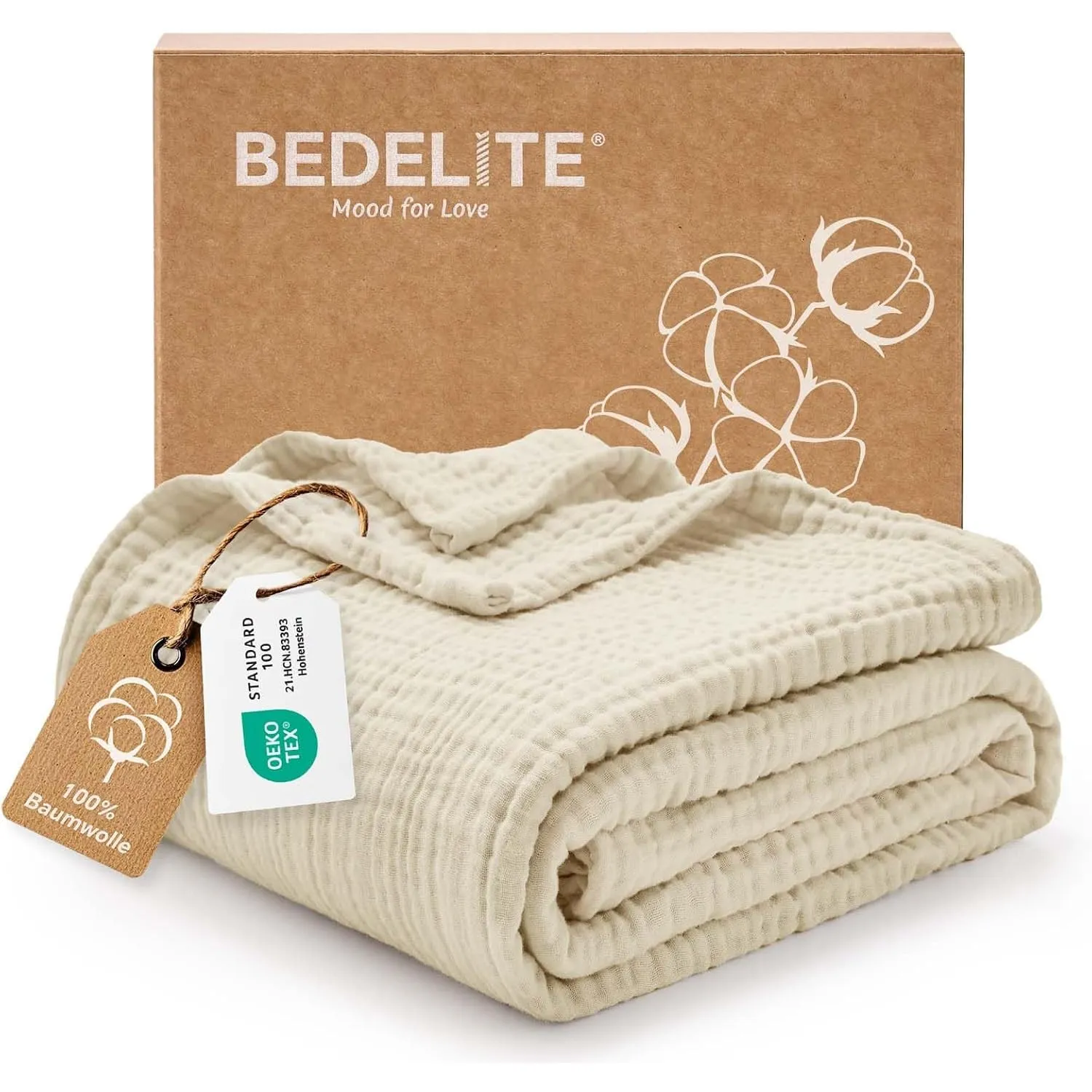 BEDELITE Musselin Decke 150 x 200 Erwachsene Tagesdecke Baumwolle, Beige | weiche & atmungsaktive 4-lagige Musselindeck…