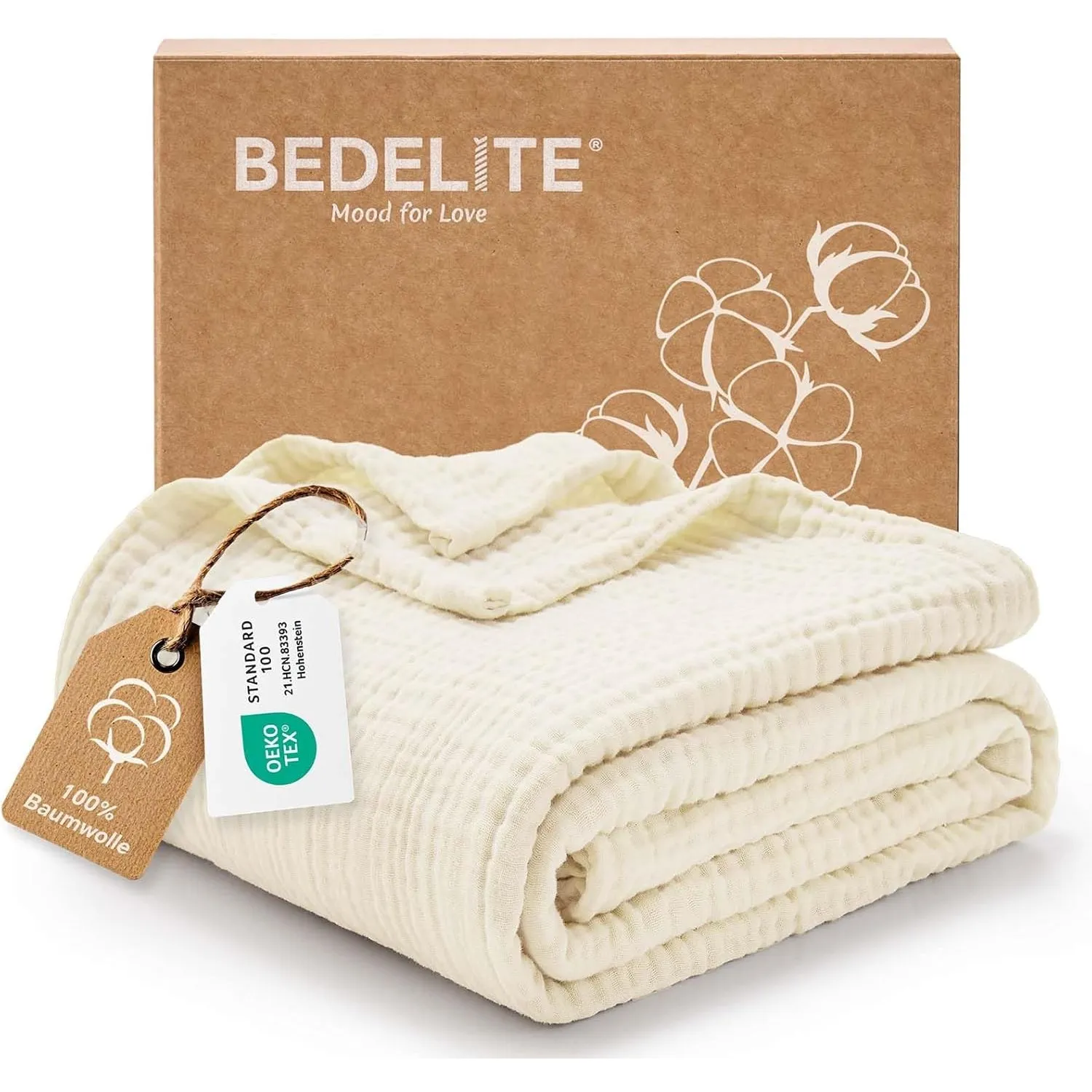 BEDELITE Musselin Decke 150 x 200 Erwachsene Tagesdecke Baumwolle, Creme | weiche & atmungsaktive 4-lagige Musselindeck…