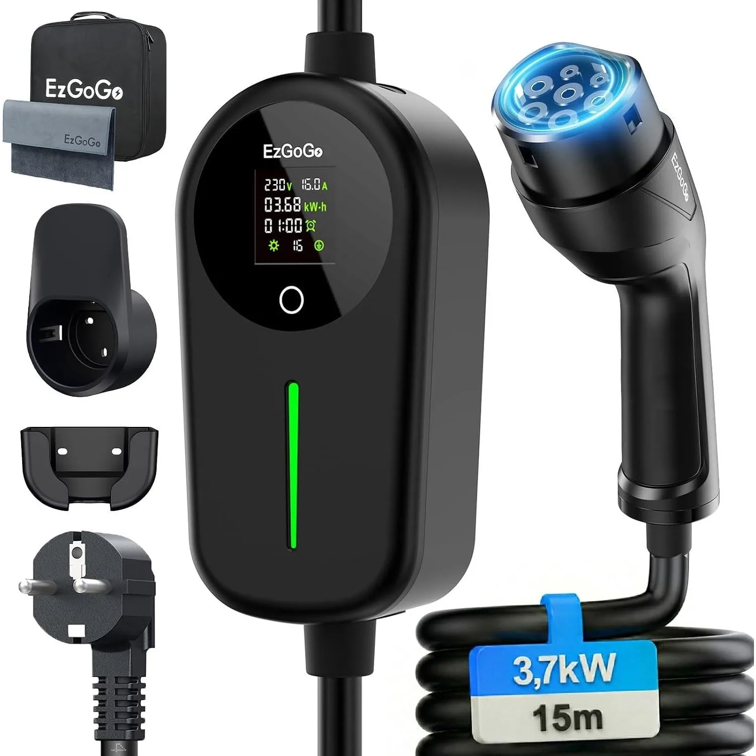 EzGoGo Typ 2 Ladekabel Schuko 3,7kW 15m EV Ladegerät für EVs & PHEVs E-Auto