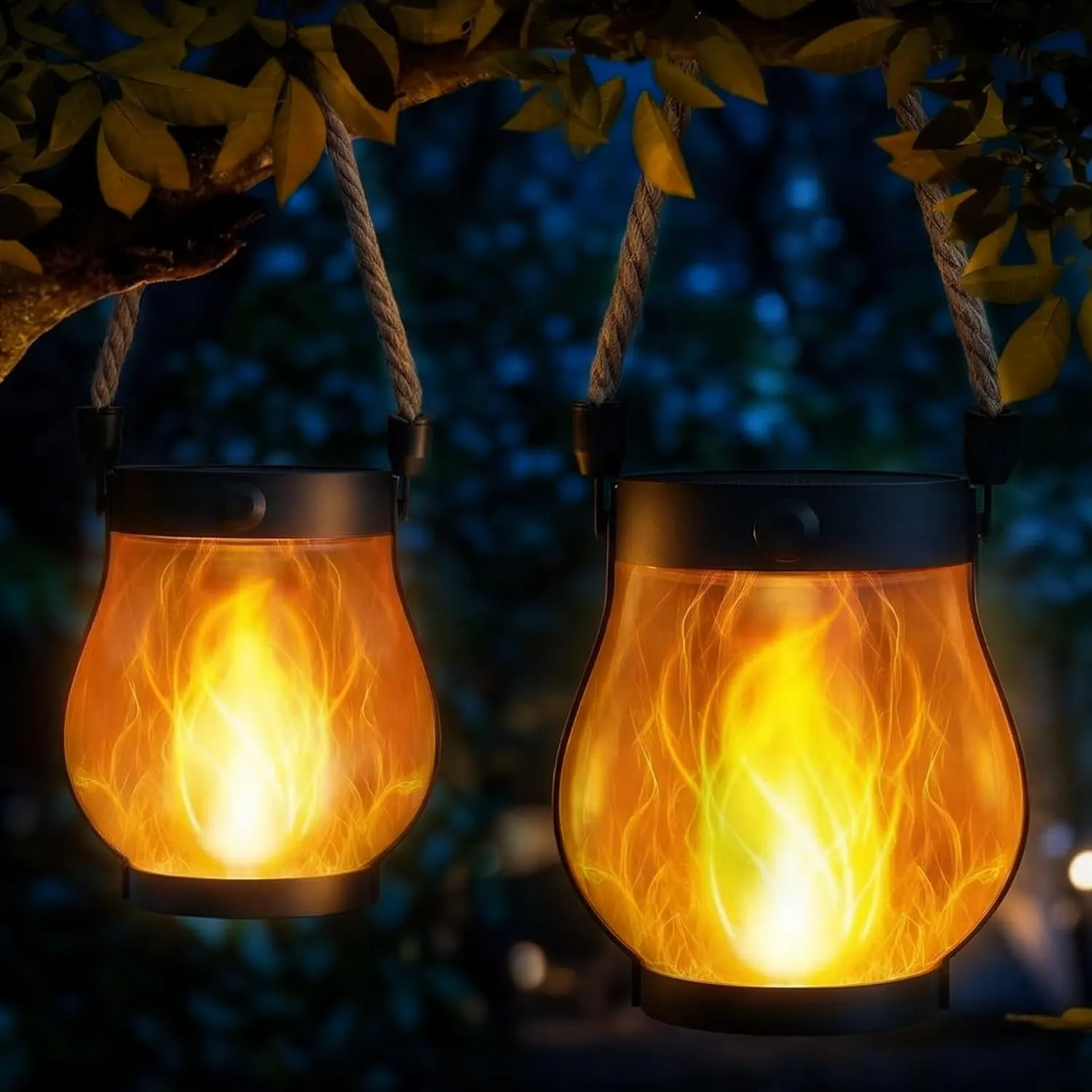 Solarlampen für Außen Hängend, 2 Stück Solar Laternen für Draußen mit Realistische Flammeneffekte, IP65 Wasserdicht Sol…