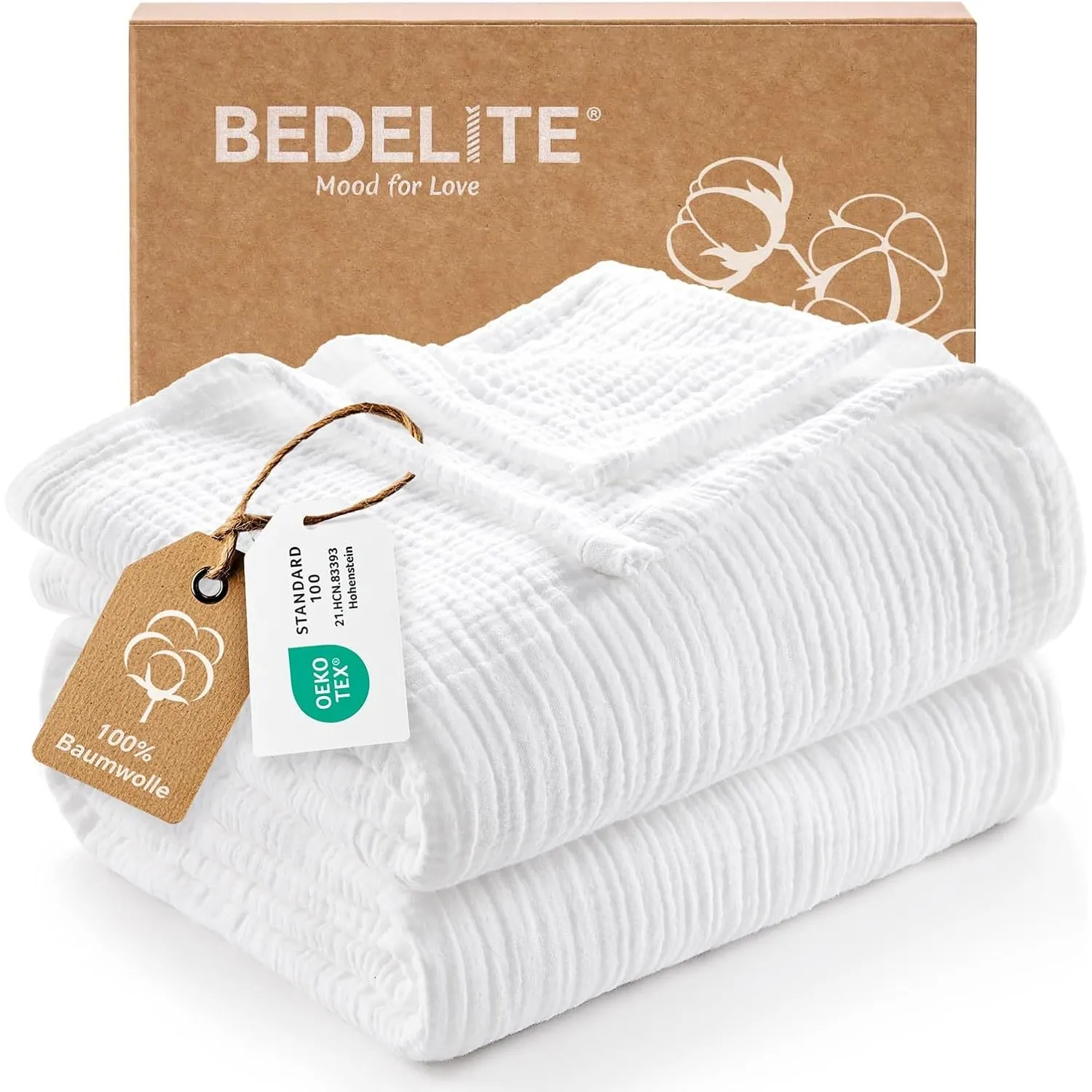 BEDELITE Musselin Decke 230x230cm Erwachsene Tagesdecke Baumwolle, Weiß | weiche & atmungsaktive 4-lagige Musselindecke…