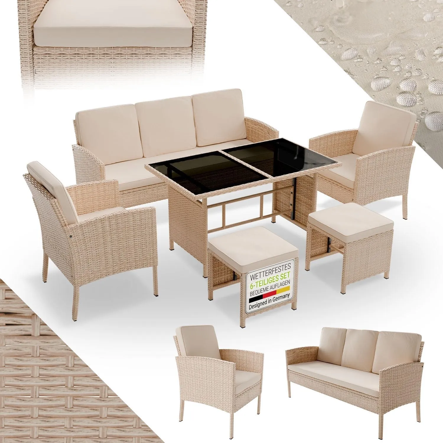 Juskys Gartenmöbel Set Polyrattan 6-teilig – Lounge Möbel Turin für 7 Personen mit Sesseln, Hockern, Tisch & Kissen, we…