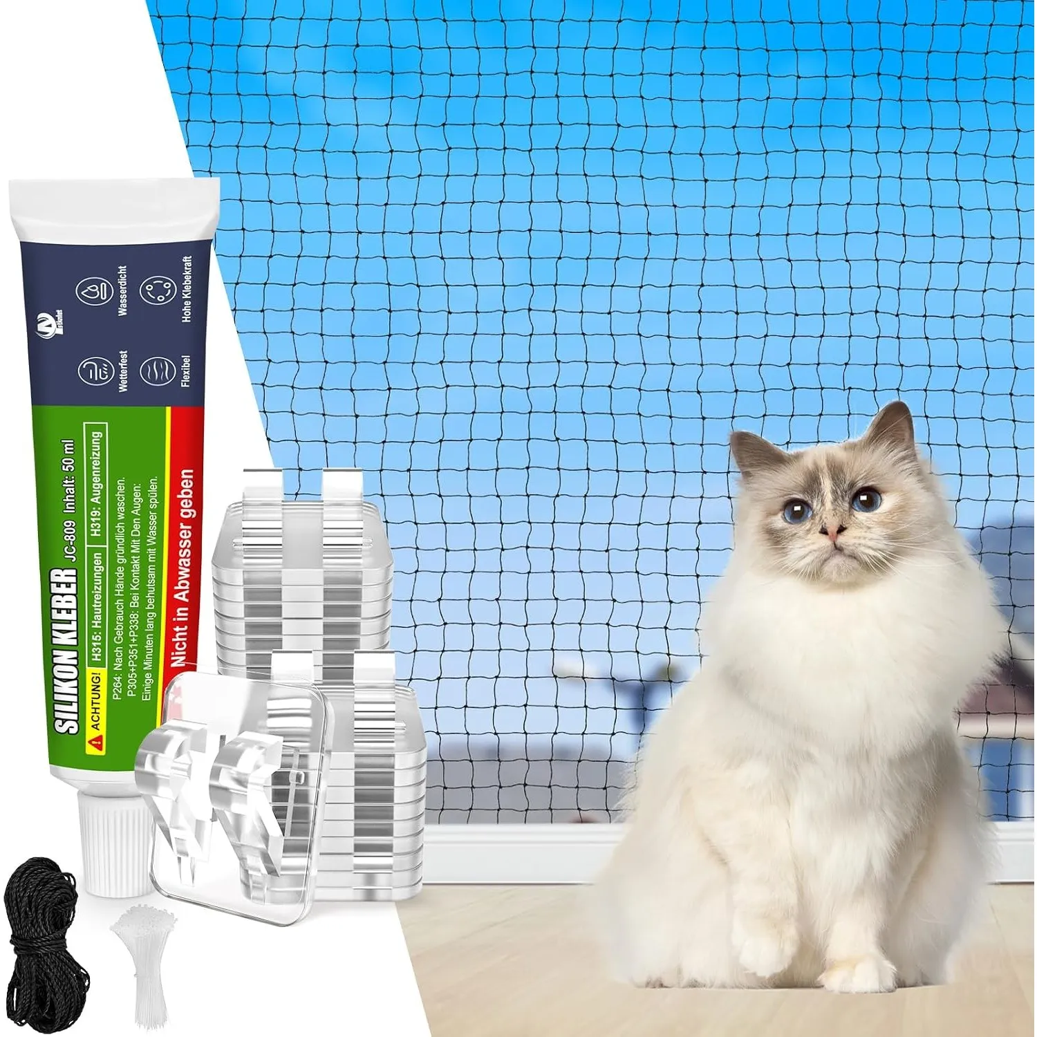 Aystkniet Katzennetz für Balkon Ohne Bohren inlk. Klebehaken & Silikonkleber, 5×2M Katzennetz Drahtverstärkt，UV-beständ…