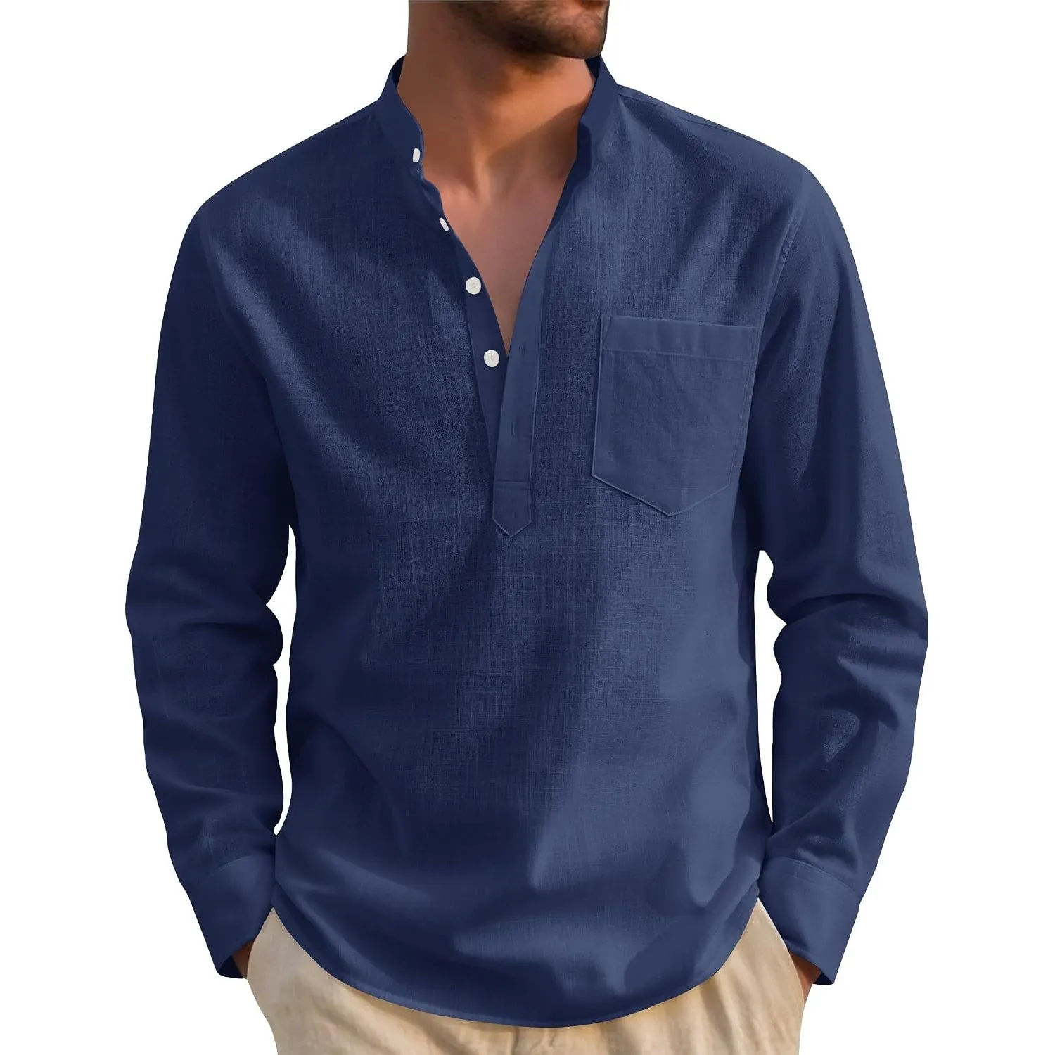 J.VER Hemd Herren Baumwolle leinenhemd Henley Shirt Langarm in Regular Fit Atmungsaktives Freizeithemd mit Tasche für S…