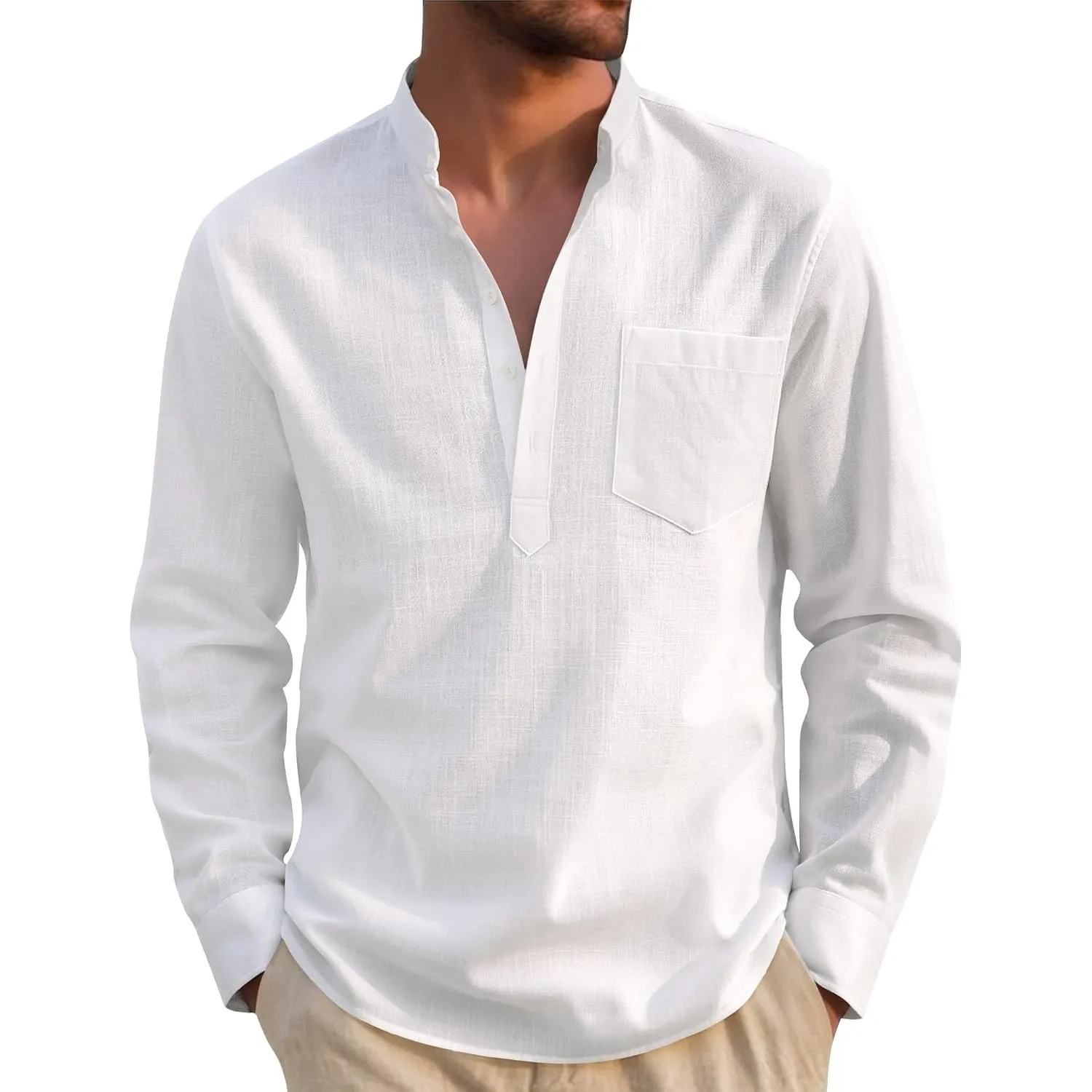 J.VER Hemd Herren Baumwolle leinenhemd Henley Shirt Langarm in Regular Fit Atmungsaktives Freizeithemd mit Tasche für S…