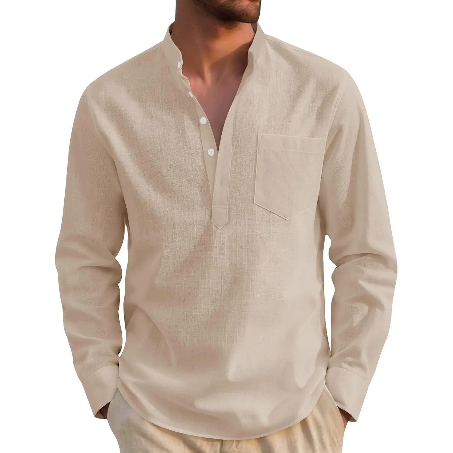 J.VER Hemd Herren Baumwolle leinenhemd Henley Shirt Langarm in Regular Fit Atmungsaktives Freizeithemd mit Tasche für S…