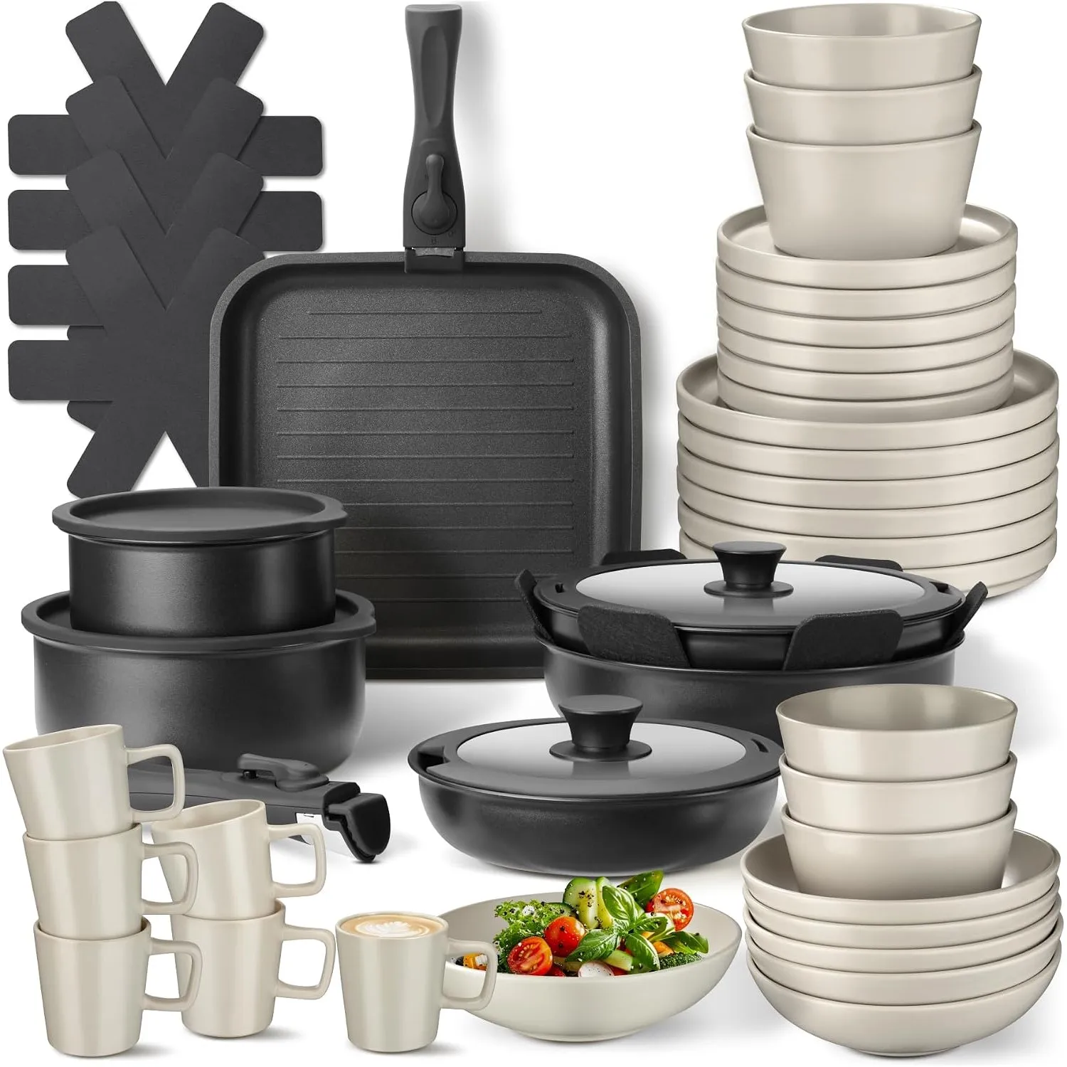 tectake® 47-tlg. Küchenstarterset, Steingut Geschirrset 6 Personen, Tassen, Teller Set, 2x Kochtopf, 4x Bratpfanne, Dec…