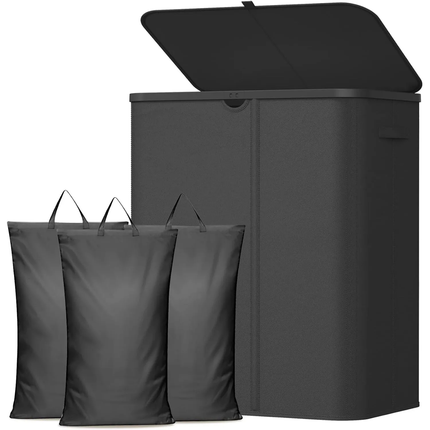 Lifewit 185L Wäschekorb mit Deckel und 3 Fächern, Schwarz