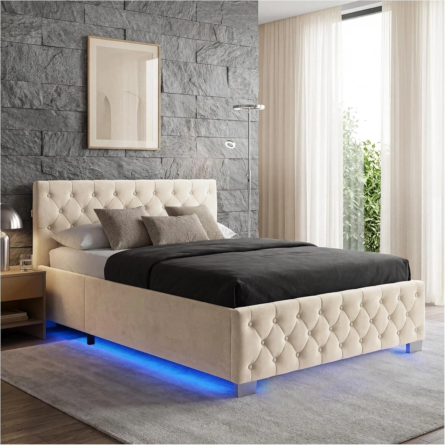 tectake® Polsterbett, 120x200cm, mit LED Beleuchtung, Fernbedienung, Bettkasten, Chesterfield, 200kg Belastbarkeit, Sta…