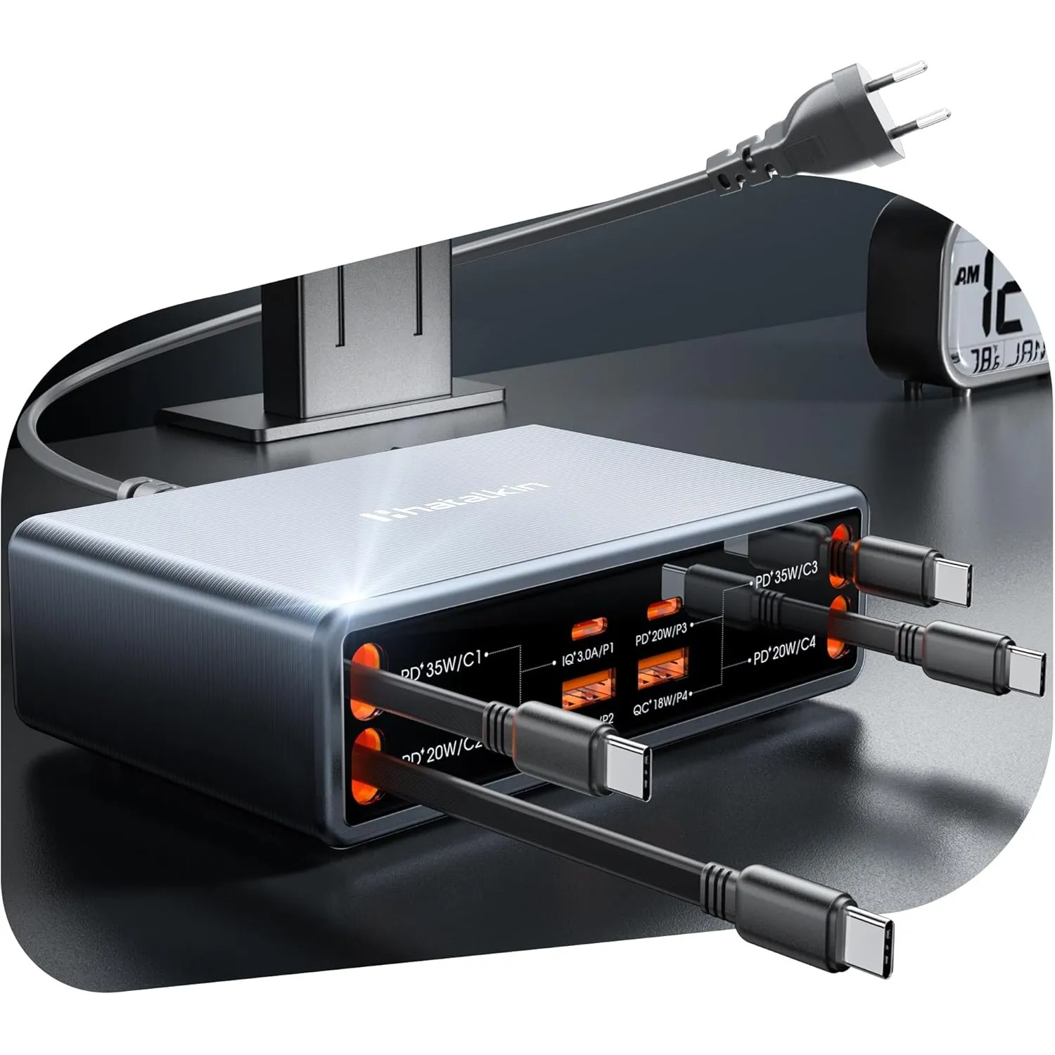 8 in 1 Retractable Charger USB C Ladegerät,105W Ladestation Mehrere Geräte