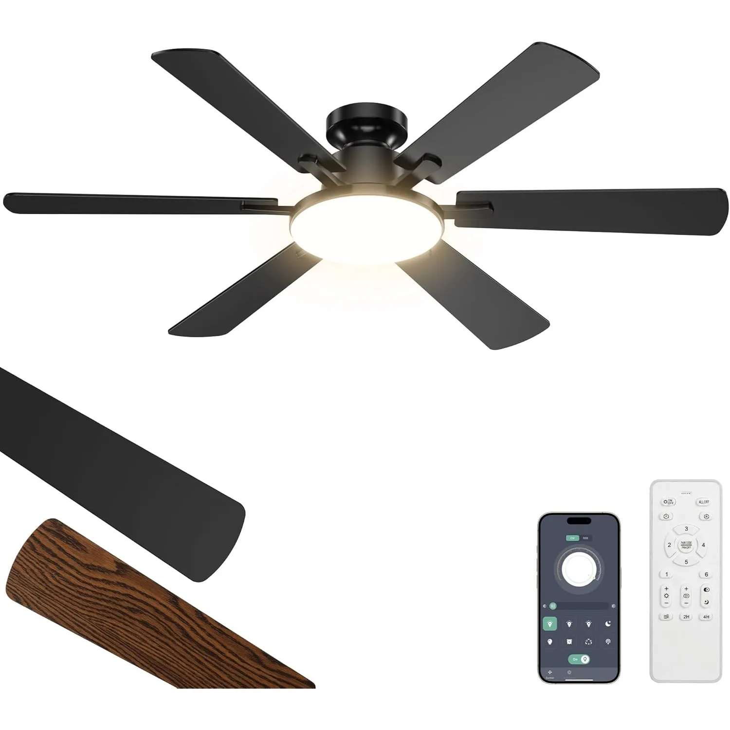 Deckenventilator mit Beleuchtung 132cm 6 Blätter Deckenventilator mit Fernbedienung 6 Gänge Ultraleiser Reversibler Gle…