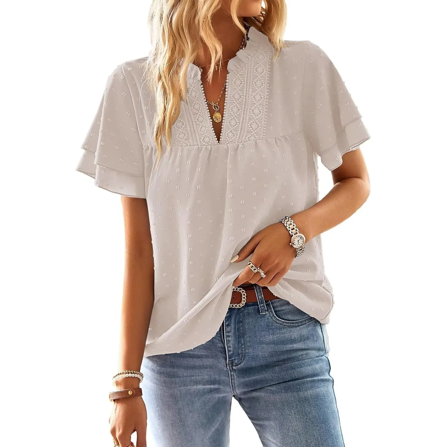 Top Damen Sommer Boho Bluse Kurzarm Oberteile Fließend Elegant V-Ausschnitt T Shirt Lässig Outfits Spitze Kleidung