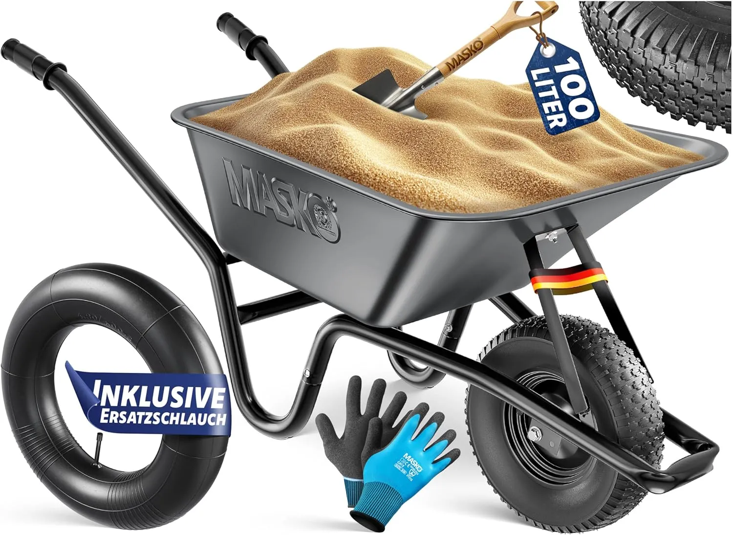 MASKO® Schubkarre Bauschubkarre Gartenschubkarre 100 Liter 250kg Luftreifen mit Stahlfelge + Ersatzschlauch Schubkarren…