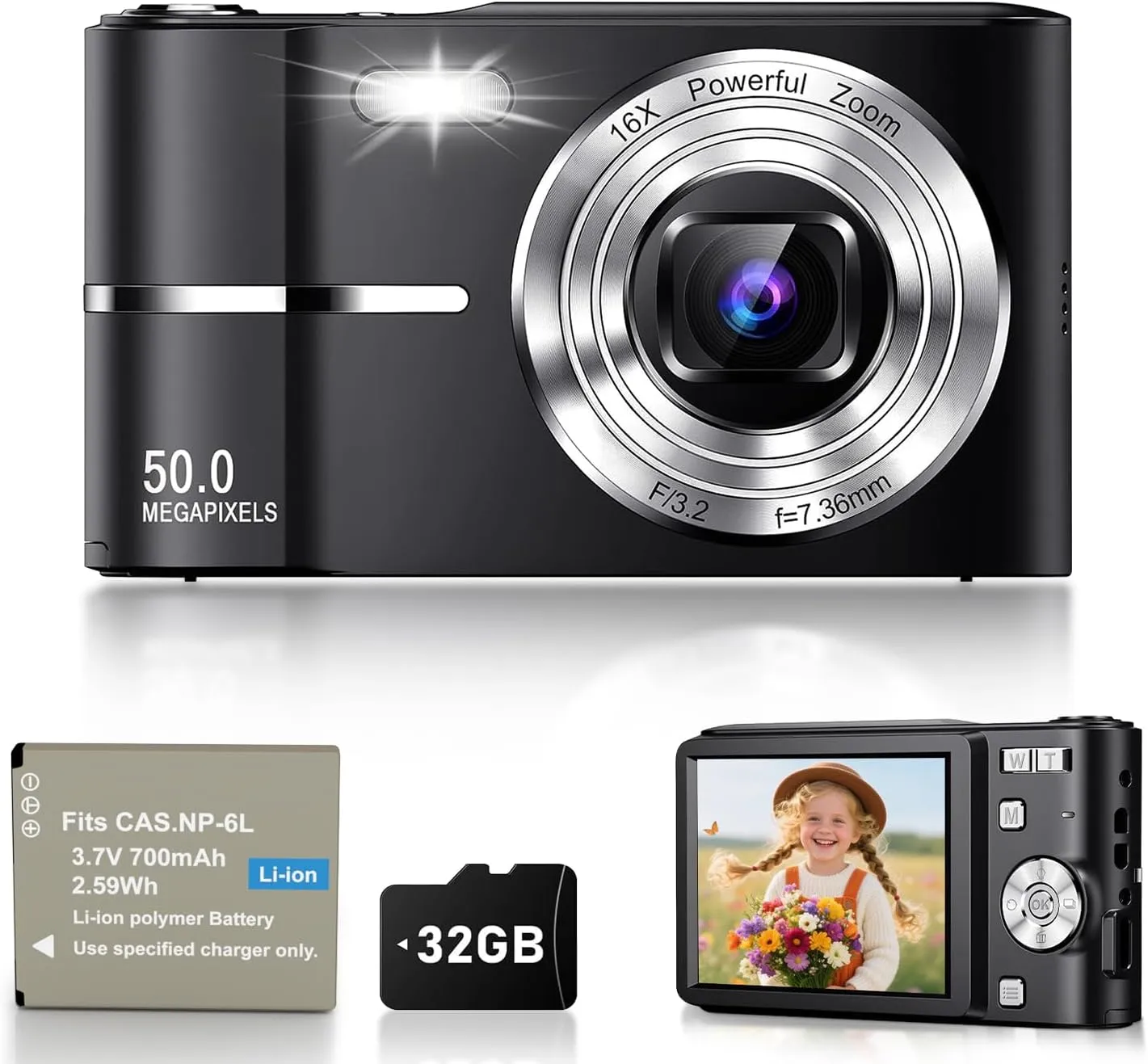 4K Digital Camera for Photography, Autofocus 50MP Vlogging Camera with Anti-Shake, 16X Zoom Compact Point and Shoot Dig…