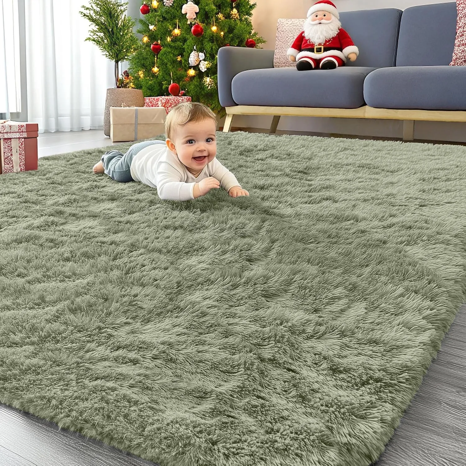 Homaxy Hochflor Waschbar Groß Teppich Wohnzimmer 140 x 200 cm, Khakigrün | Anti-Rutsch Unterseite Teppiche, Flauschig T…