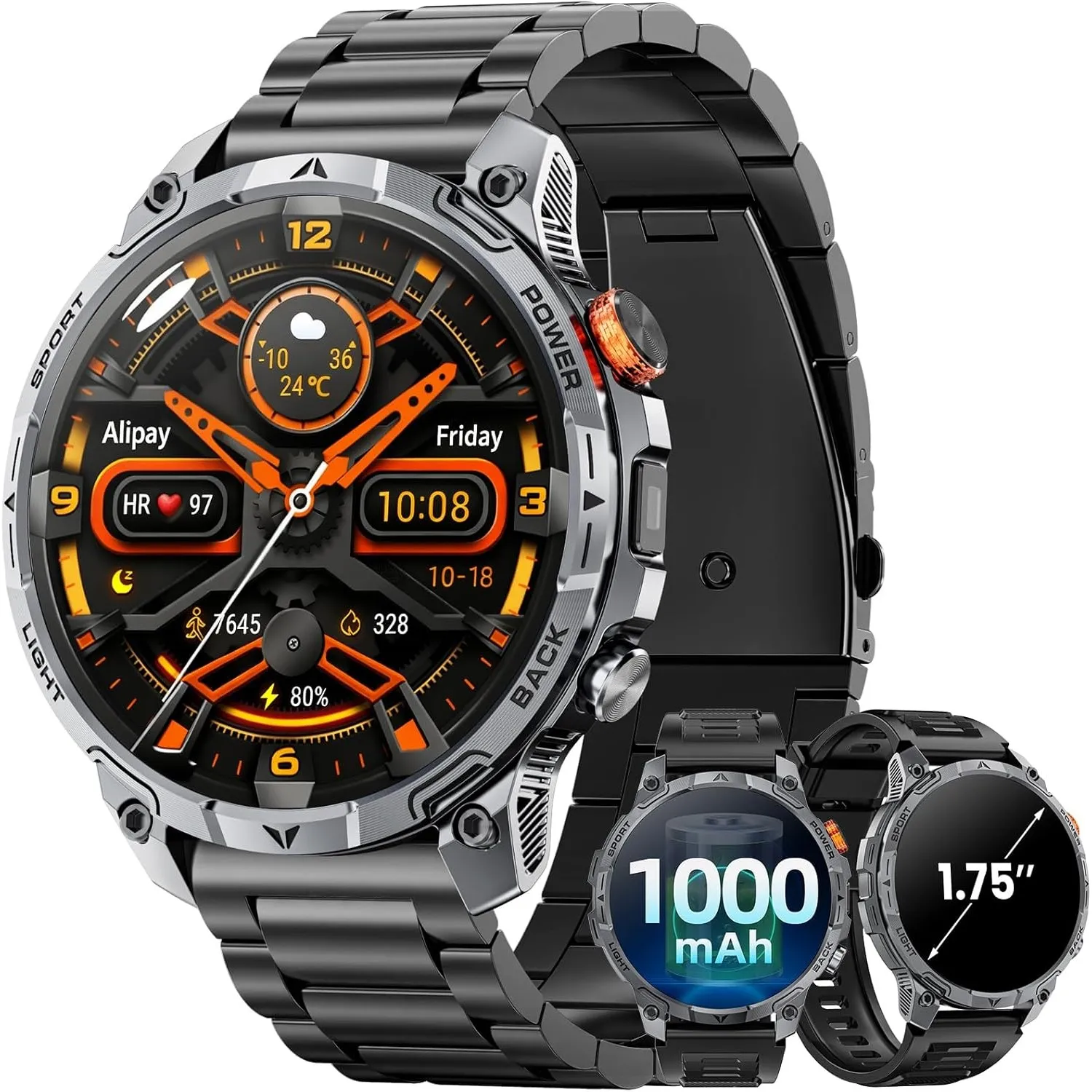Militär Smartwatch Herren, mit1000-mAh-Akku/2 Armbändern/1,75" HD Großes Display Sportuhr/110+ Sportmodi Fitnessuhr/LED…