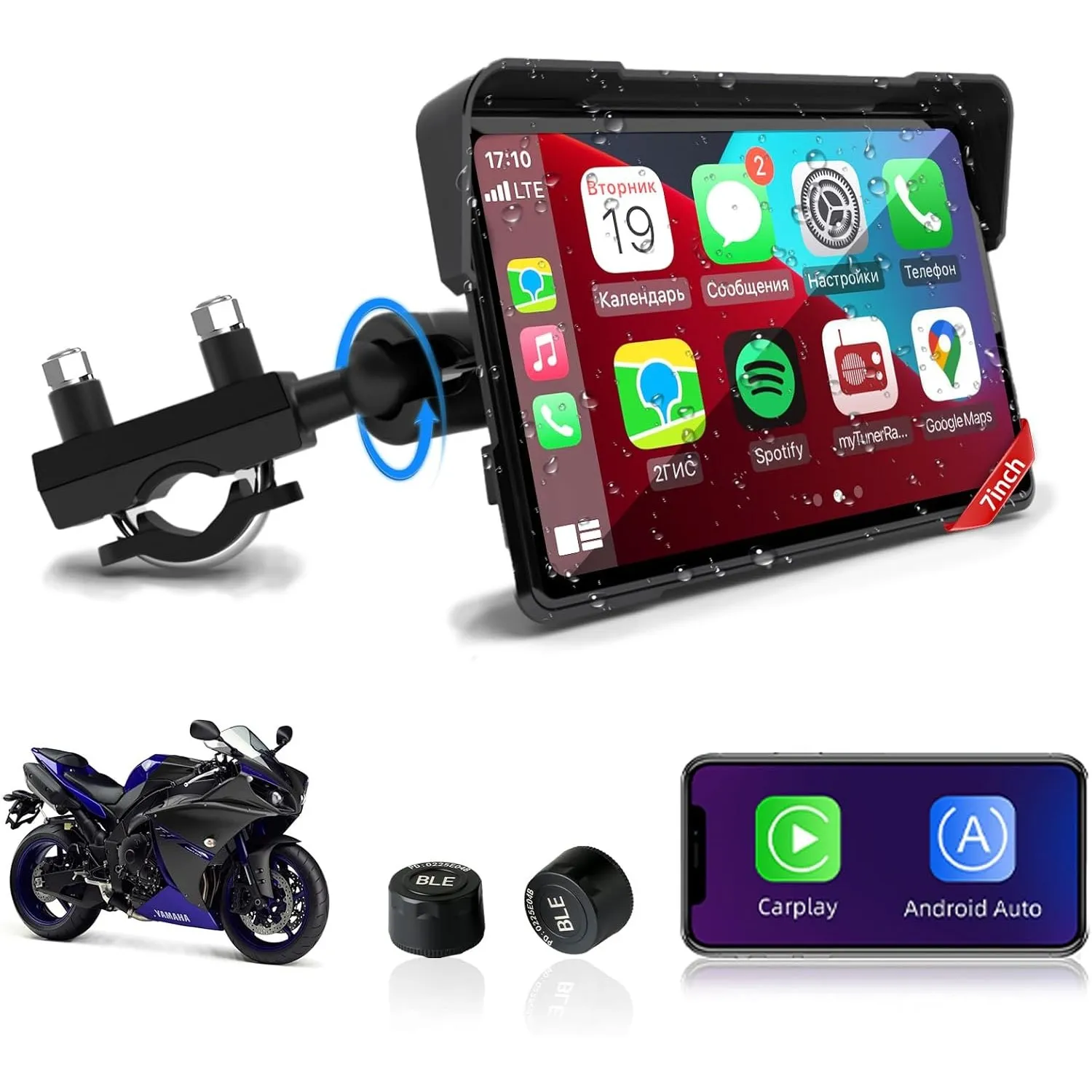 Jansite Motorrad Carplay Bildschirm Android Auto mit TPMS Reifendrucküberwachungssystem, 7 Zoll Motorrad Navigationsger…