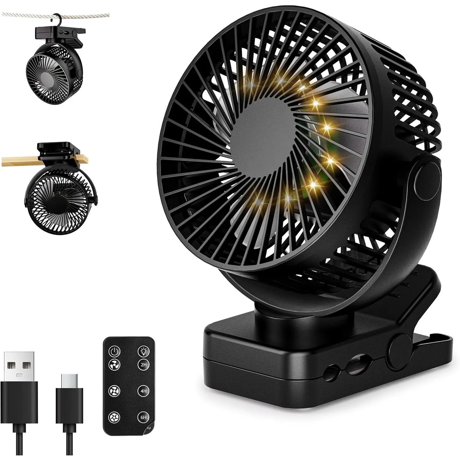 USB Tischventilator Leise mit 12000mAh Akku, Clip Camping Ventilator mit Fernbedienung, Mini Akku Ventilator mit Licht …