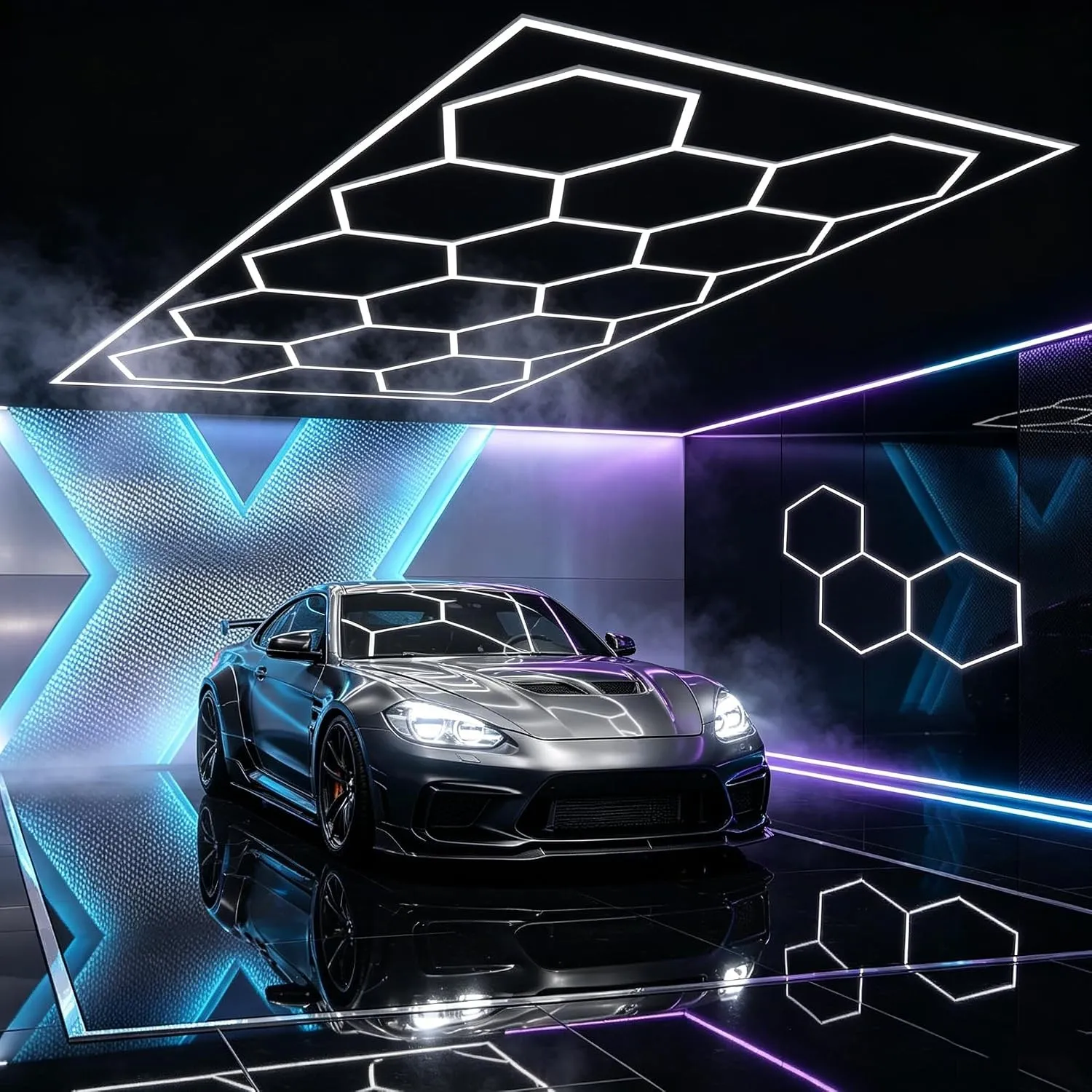 Hexagon LED Deckenleuchte,14 Hexs 680W Garagenbeleuchtung, Rechteck, DIY LED-Deckenleuchten 6500K Weiß für Garage, Werk…